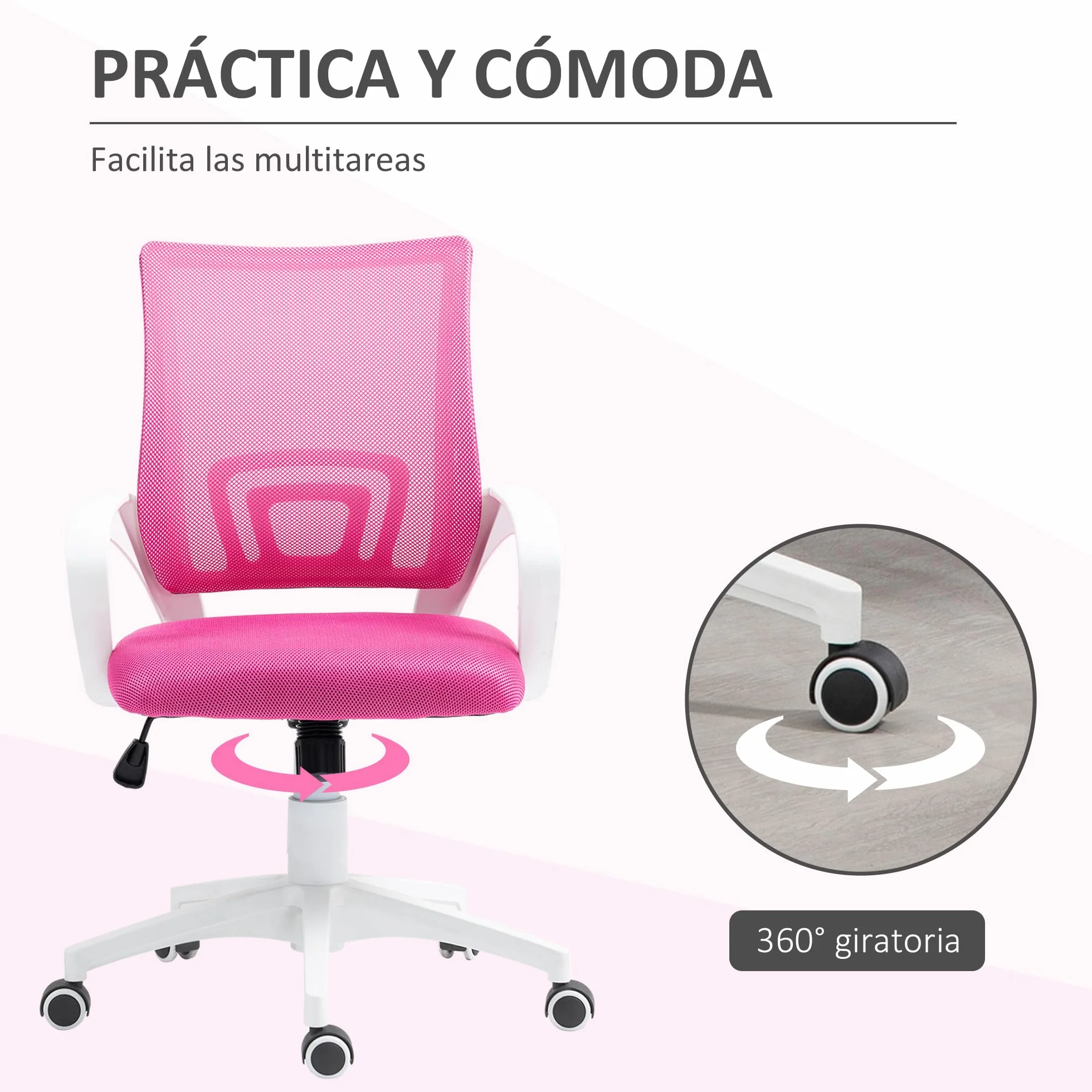 HOMCOM Silla de Oficina de Malla Giratoria Altura Ajustable Basculante Soporte Lumbar Reposabrazos Carga 120 kg Rosa