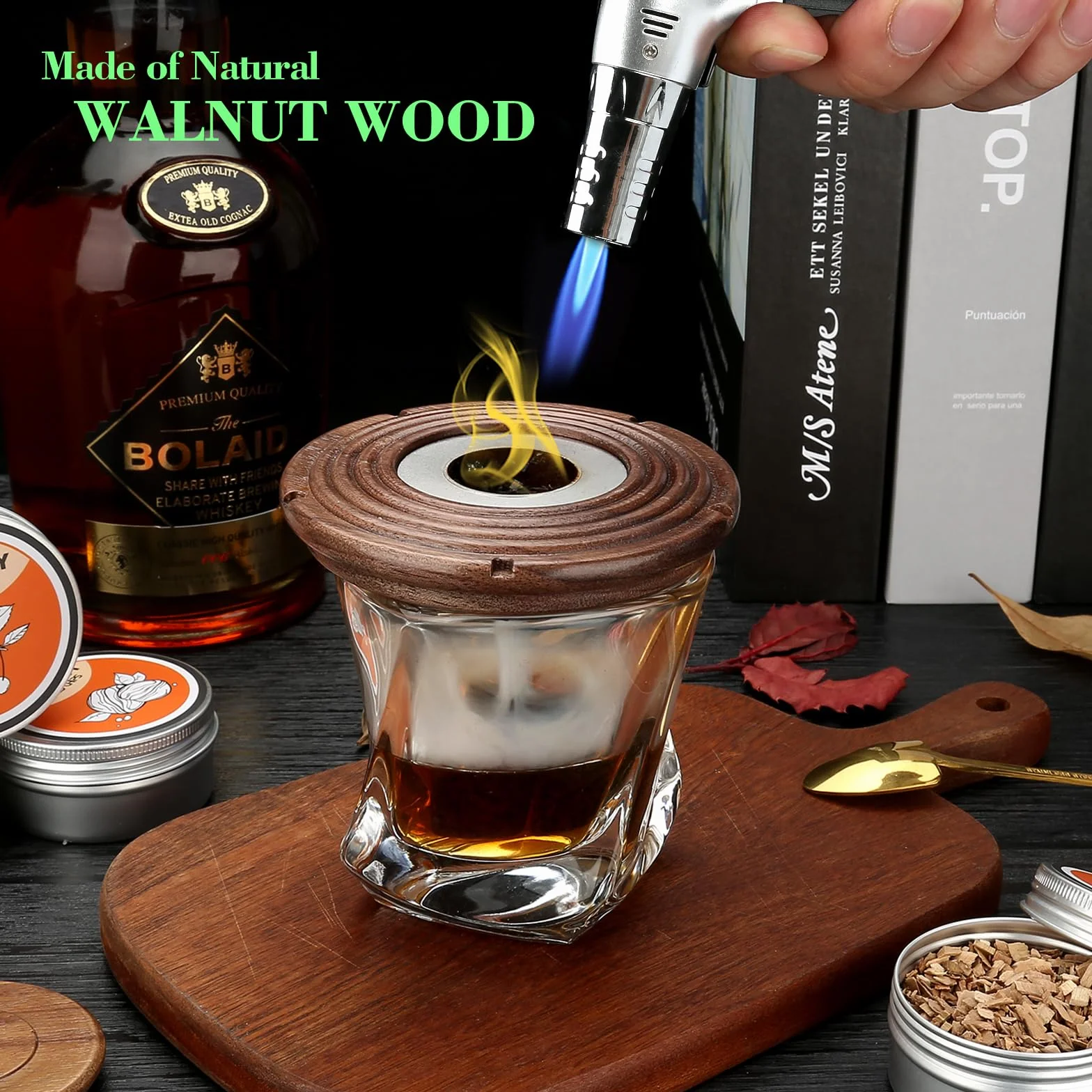 Walnut Kit de Ahumador de Cóctel con Mechero Madera para Whisky Bourbon Regalo