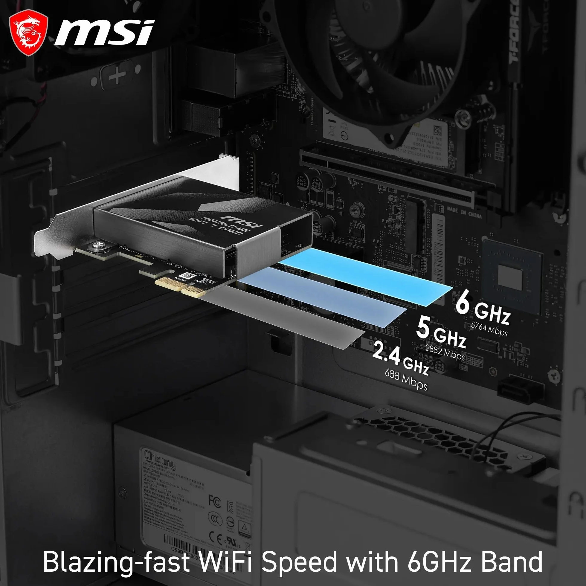 MSI Herald BE9400 - Tarjeta PCIe WiFi 7 tribanda, para Ordenador de sobremesa, Bluetooth 5.4, 6 GHz, MLO, 320 MHz, 5.8 GB/s