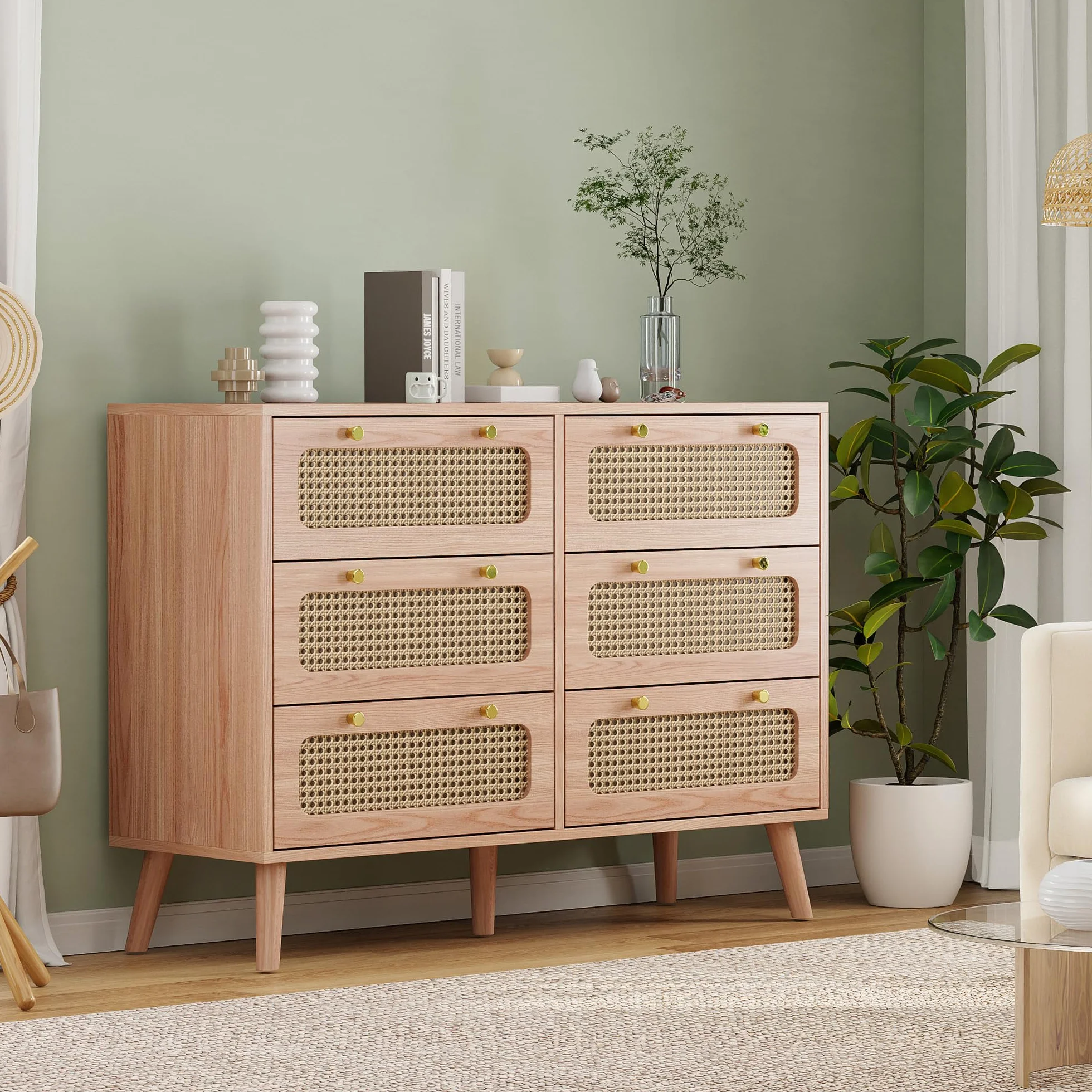 FOERPL Cómoda con 6 Cajones, 100 x 34 x 73 cm, Cómoda de Madera y Ratán, Mueble de Almacenamiento de Madera para Oficina, Salón o Dormitorio, Ratán PE