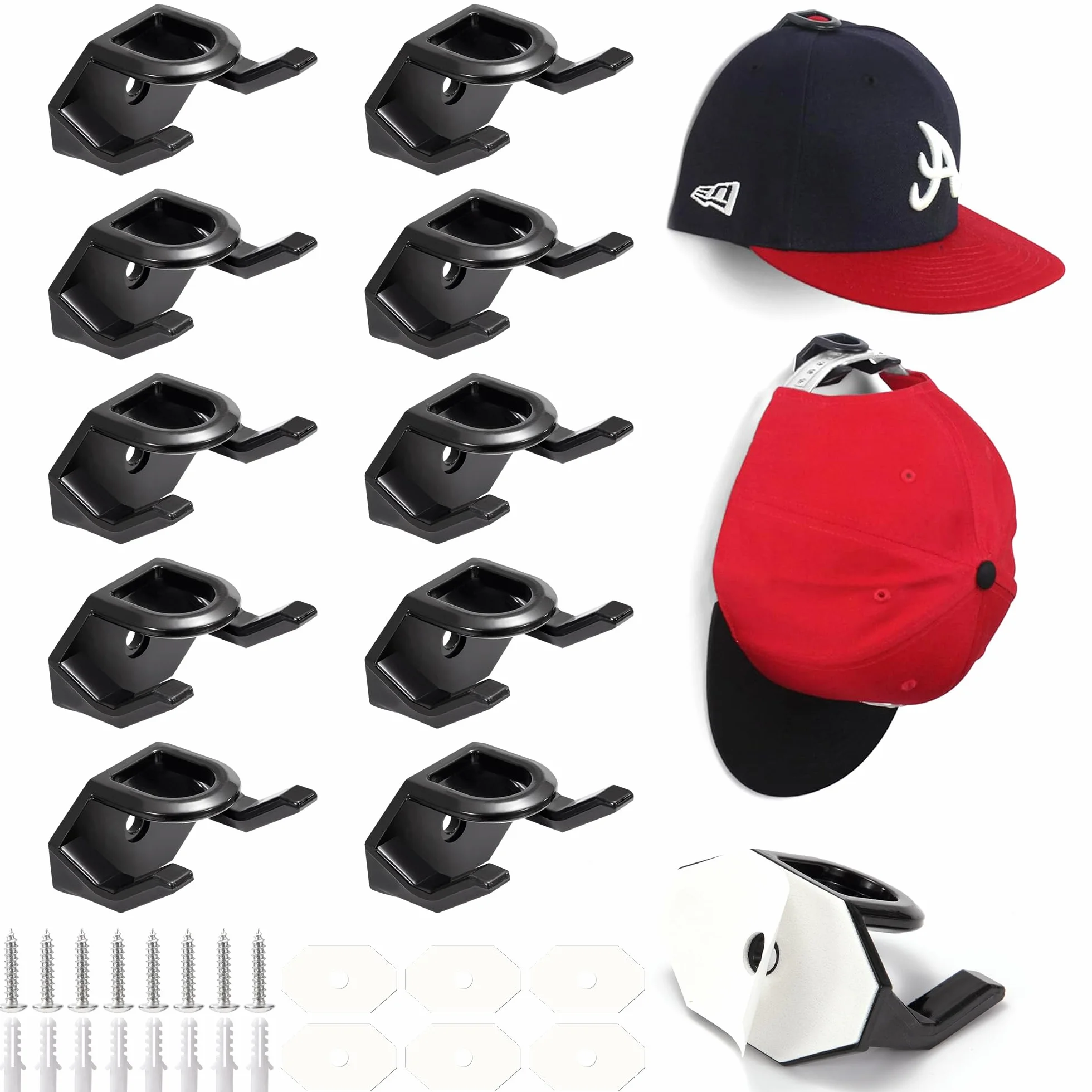 Porta sombreros de pared autoadhesivo con ganchos negro para gorras de béisbol 16 piezas
