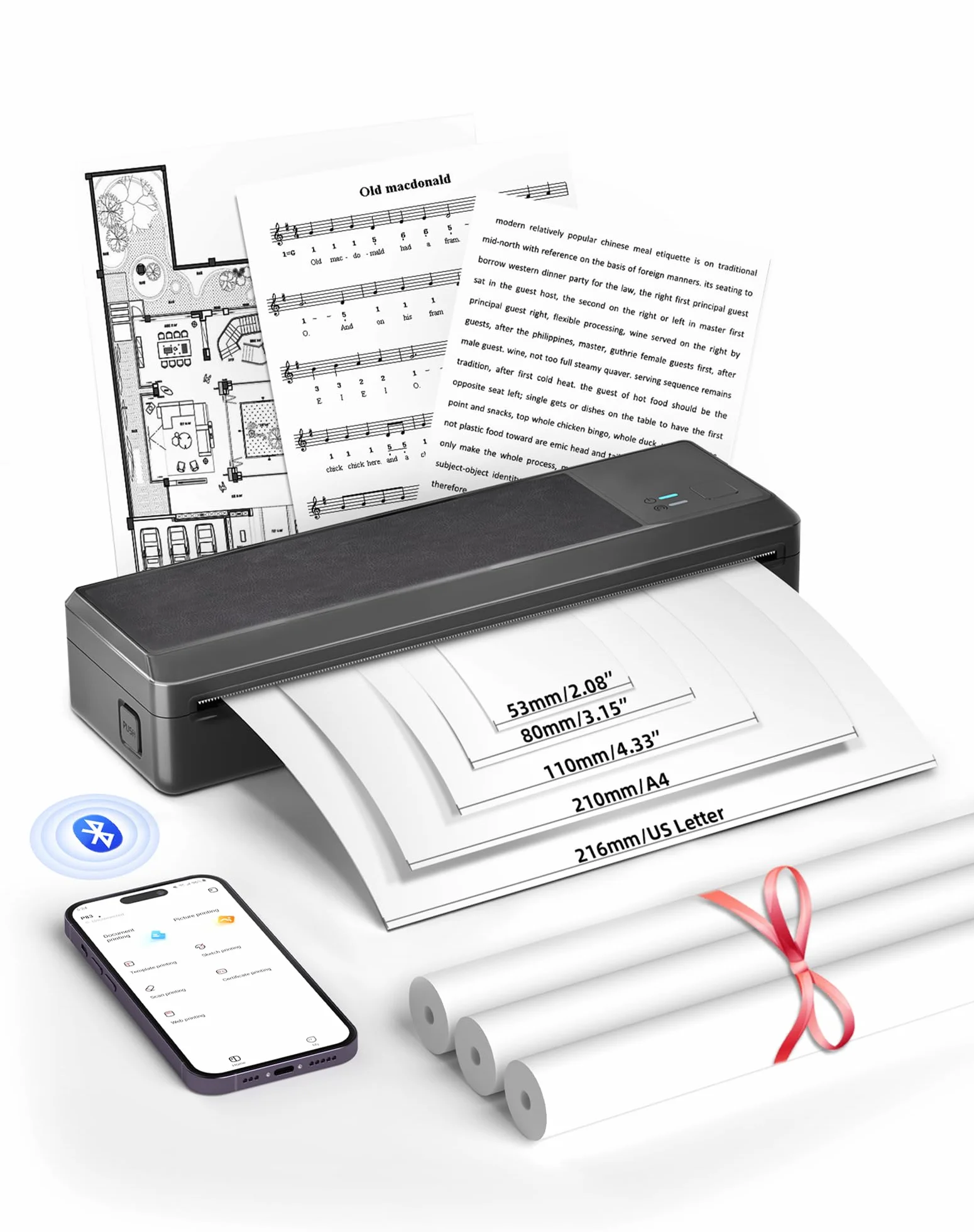 Impresora Térmica A4, Impresora térmica portátil con 3 Rollo de Papel térmico A4, Impresora Móvil Compatible con iOS & Android, Impresora Térmica Bluetooth para Viajar casa Oficina Escuela