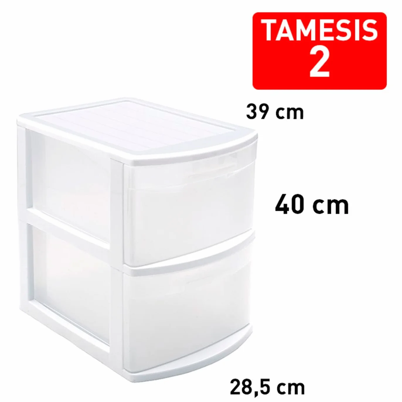 Cajonera Estrecha Támesis Plástico 2 Cajones Transparentes Torre Almacenaje 40x28.5x39 cm Blanco