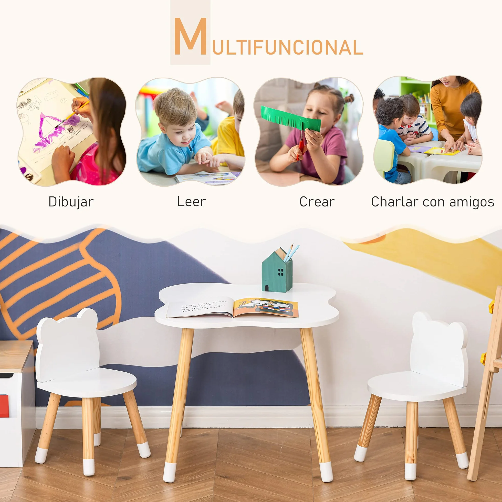 HOMCOM Mesa y Sillas Infantil de Madera para Sala de Juego y Dormitorio Natural y Blanco