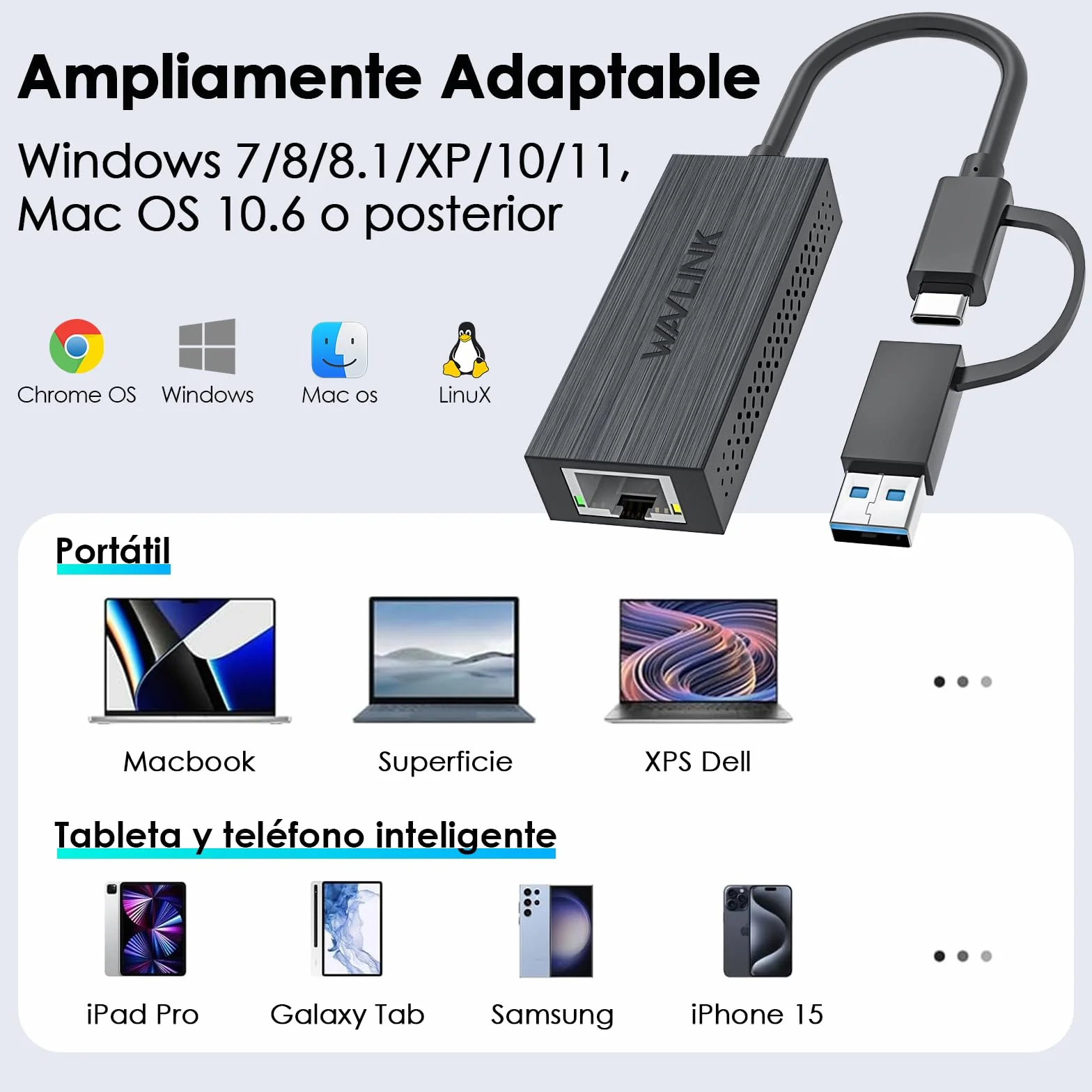 WAVLINK Adaptador USB C a Ethernet, Adaptador 2.5G USB LAN, Compatible con Ordenador portátil, PC con Windows 7/8/10, XP, Vista, Mac OS 10.6 o Superior