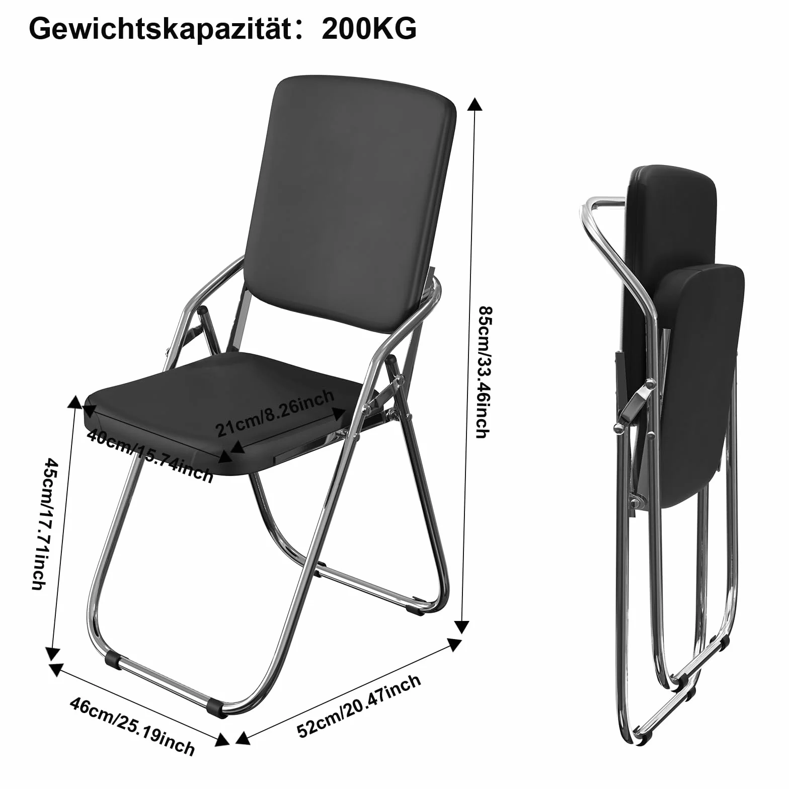 Silla Plegable de Metal con Piel Sintética Tapizada, Negra, para Hogar y Oficina