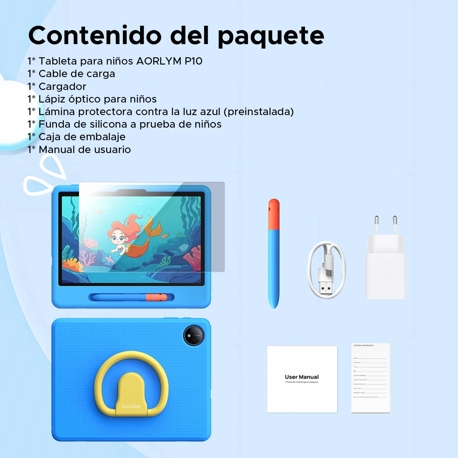 P10 Kid Tablet para Niños 10 pulgada, Tableta Infantil Android 16 Con Gemini AI, 90Hz, 32GB RAM+64GB ROM, 7000mAH, 5G WiFi, Face ID, OTG, GPS, Tablets con lapiz, Tablet para niños de 7 a 10 años, Azul