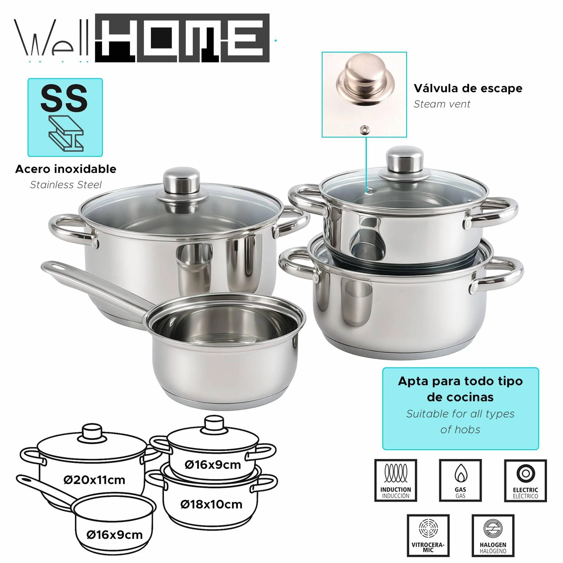 Bistro Series Set Batería de Cocina 7pc Acero Inoxidable + 3 Sartenes Negro Aluminio Prensado