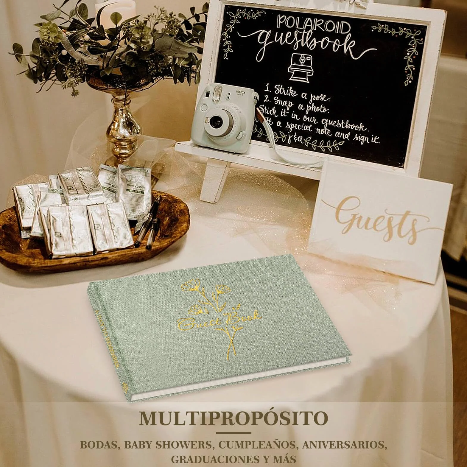 Libro de Visitas de Boda 108 Páginas en Blanco, Lino, Verde