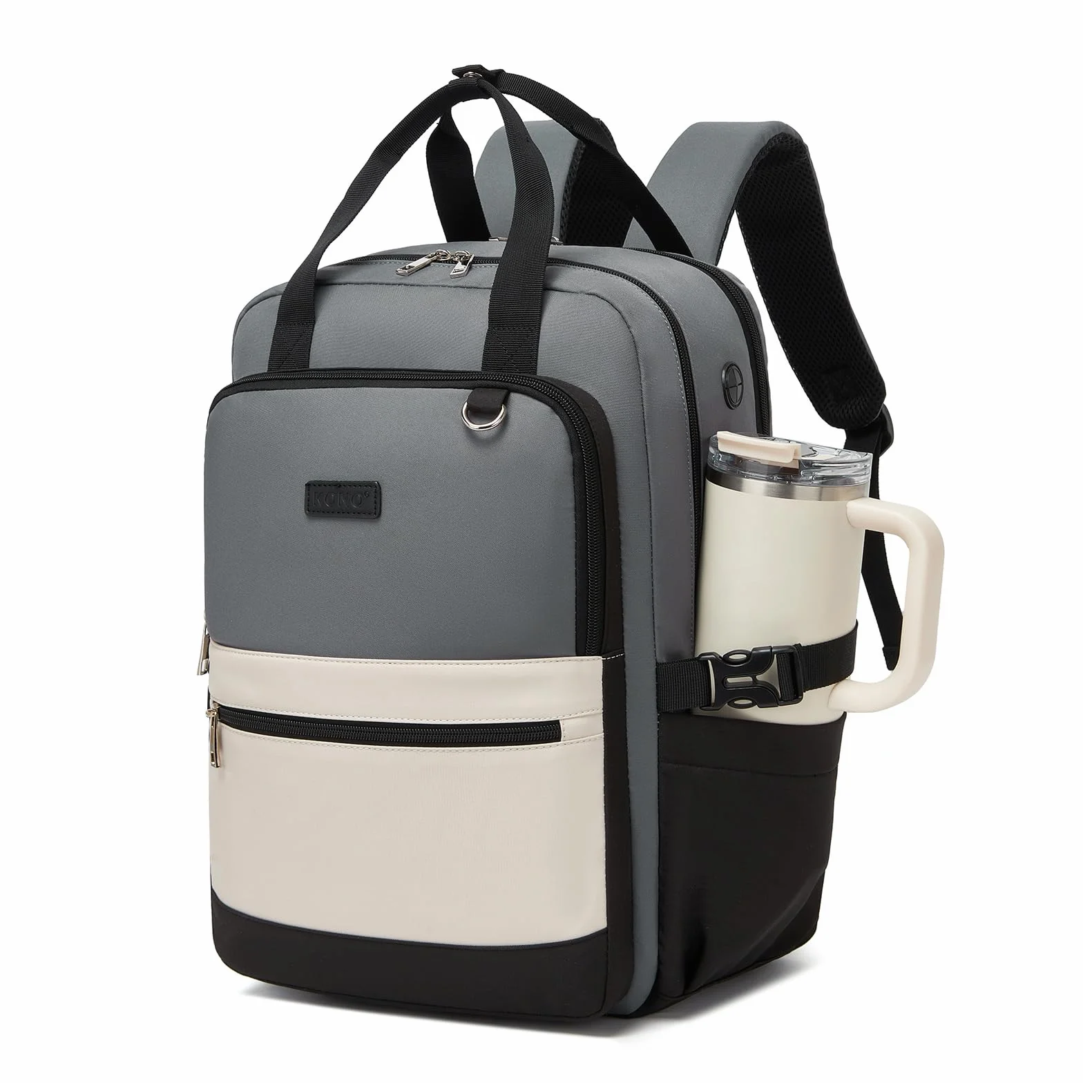 Kono Mochila para Portátil 15,6 Pulgadas Mujer, Gran Capacidad, Impermeable con Bolsillo para Botella, Ideal para Trabajo, Universidad, Viajes(Gris/Beige)