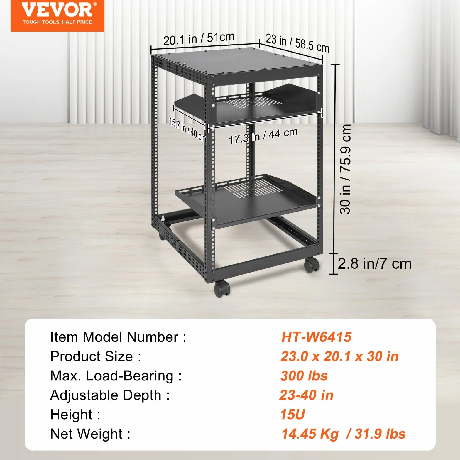 VEVOR Rack de Servidor de Marco Abierto de 15U, Profundidad Ajustable de 23"-40", Rack de Servidor de Red, 4 Postes con Ruedas, sostiene Todos Sus Equipos de TI de Red Módem enrutador de Engranaje
