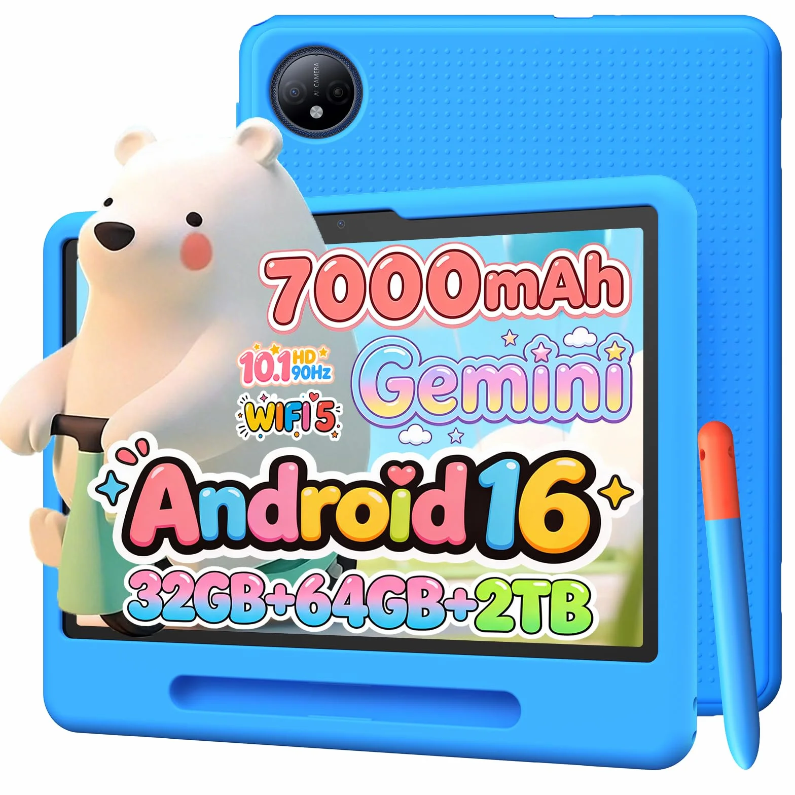 P10 Kid Tablet para Niños 10 pulgada, Tableta Infantil Android 16 Con Gemini AI, 90Hz, 32GB RAM+64GB ROM, 7000mAH, 5G WiFi, Face ID, OTG, GPS, Tablets con lapiz, Tablet para niños de 7 a 10 años, Azul