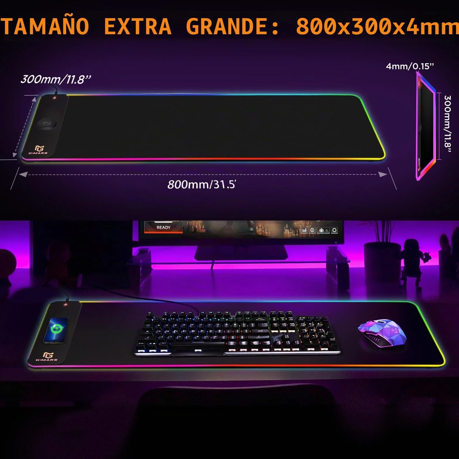 Gimars Alfombrilla Ratón Gaming RGB con 15W Carga Inalámbrica, 800×300mm Mousepad XXL con 10 Modos Iluminación LED, Tapete Rato Impermeable Base Antideslizante para Escritorio Oficina Gamer