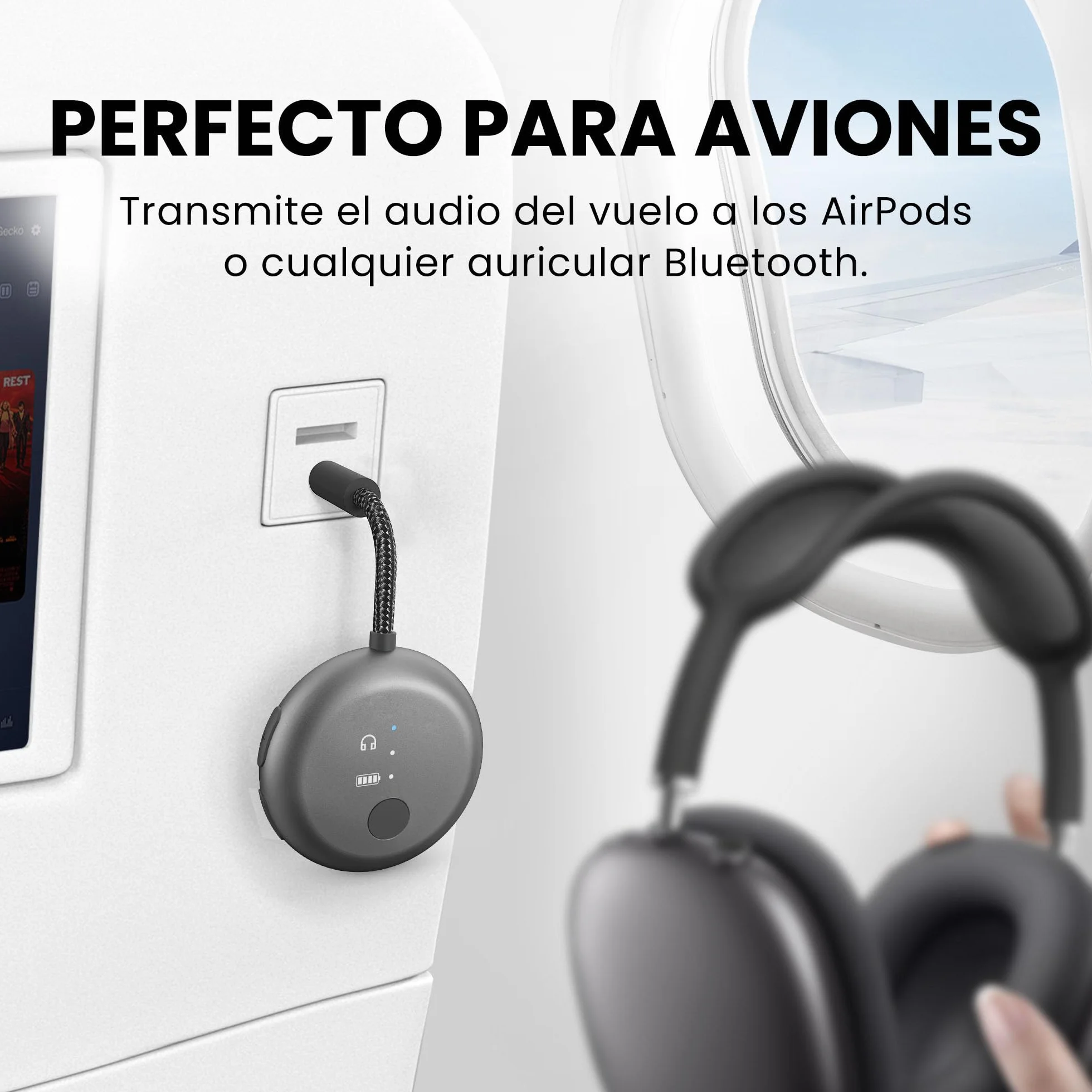 Avantree SoundJet R1 – Adaptador Bluetooth Avión para Auriculares & AirPods, aptX Adaptive, Qualcomm Chipset, 20h de reproducción, Transmisor de Audio Inalámbrico para Viajes - Negro Metálico