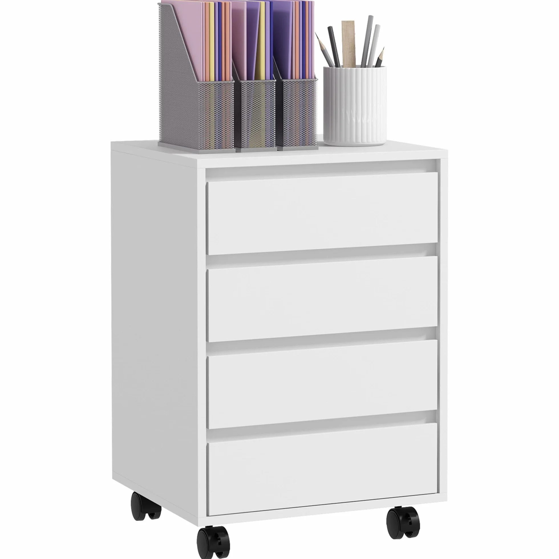 HOMCOM Cajonera de Oficina 4 Cajones con Ruedas Archivador Móvil 46x40x65 cm Blanco