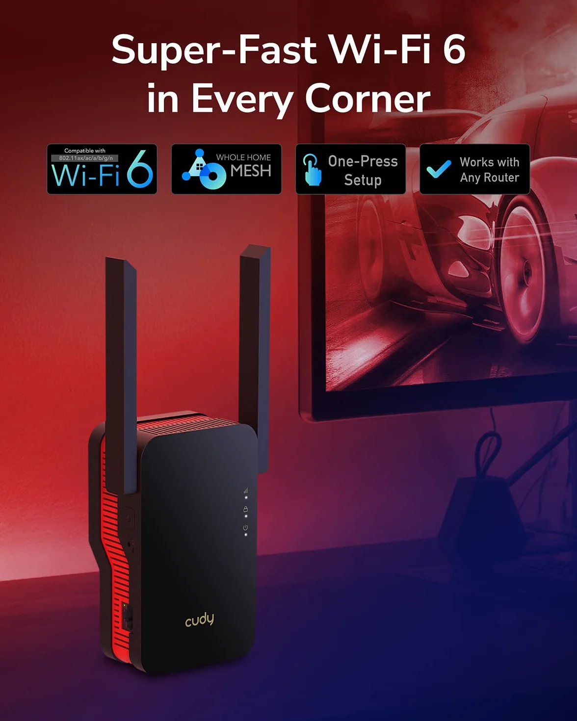 Cudy AX3000 Repetidor WiFi 6 Doble Banda, Extensor y Amplificador WiFi con Cobertura hasta 280 m² para 70 Dispositivos, 802.11ax, 160 MHz, MU-MIMO, Beamforming, OFDMA, WPA3