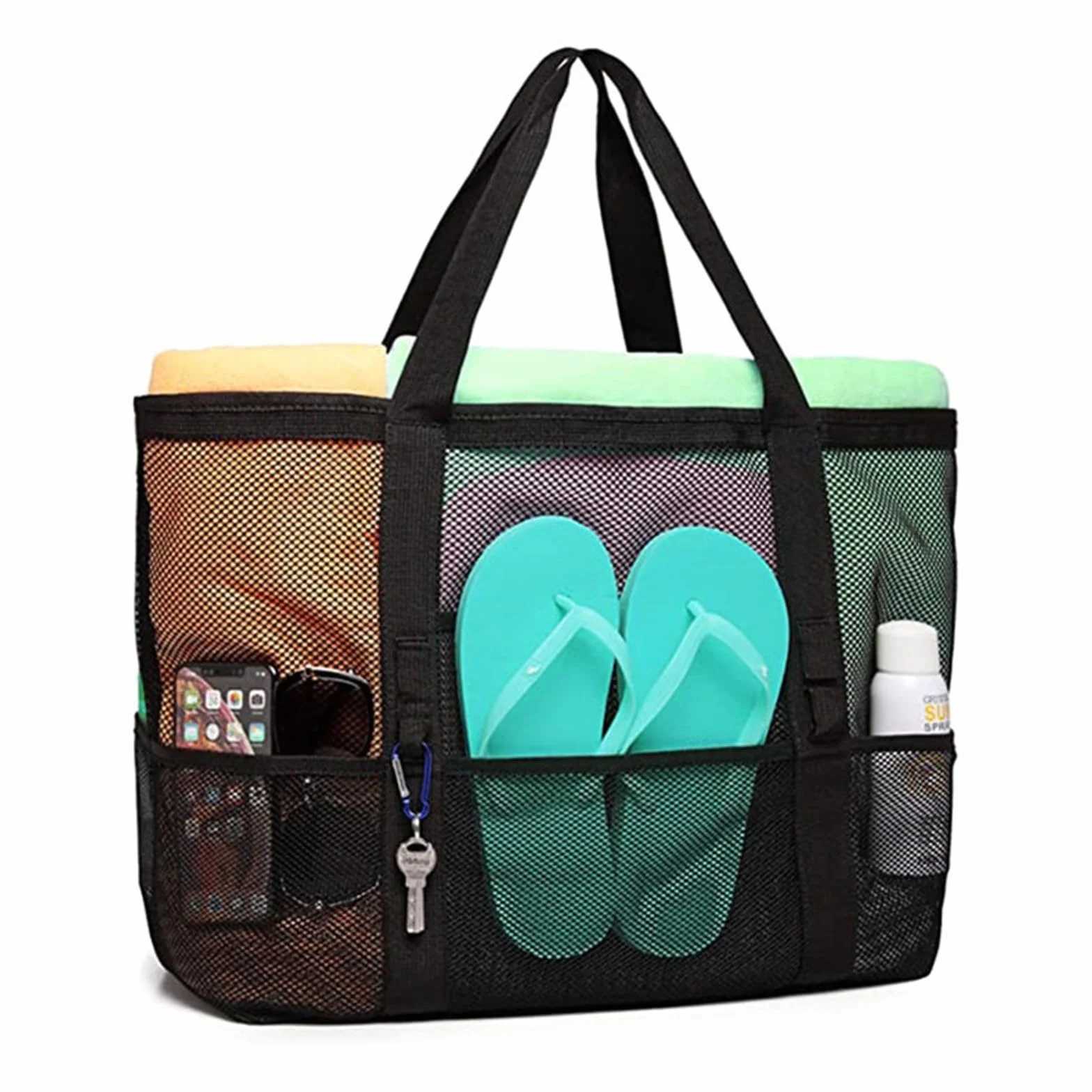 Bolsa de playa de malla grande reutilizable con cremallera, bolsa de cosméticos plegable (negro)