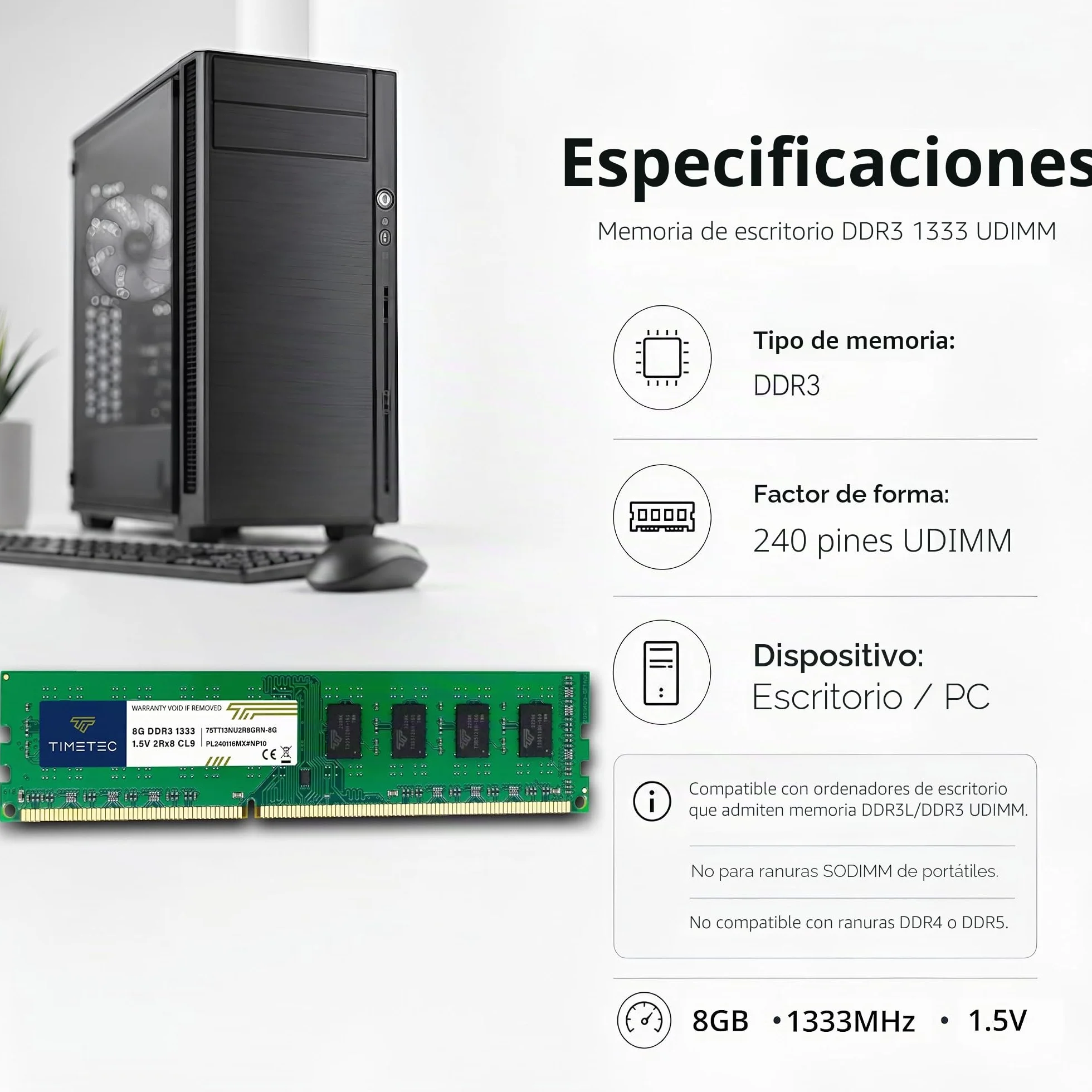 Timetec 8 GB DDR3 1333 MHz PC3-10600 sin ECC sin búfer 1.5 V CL9 2Rx8 Dual Rank 240 Pin UDIMM Módulo RAM de Memoria de computadora Actualización
