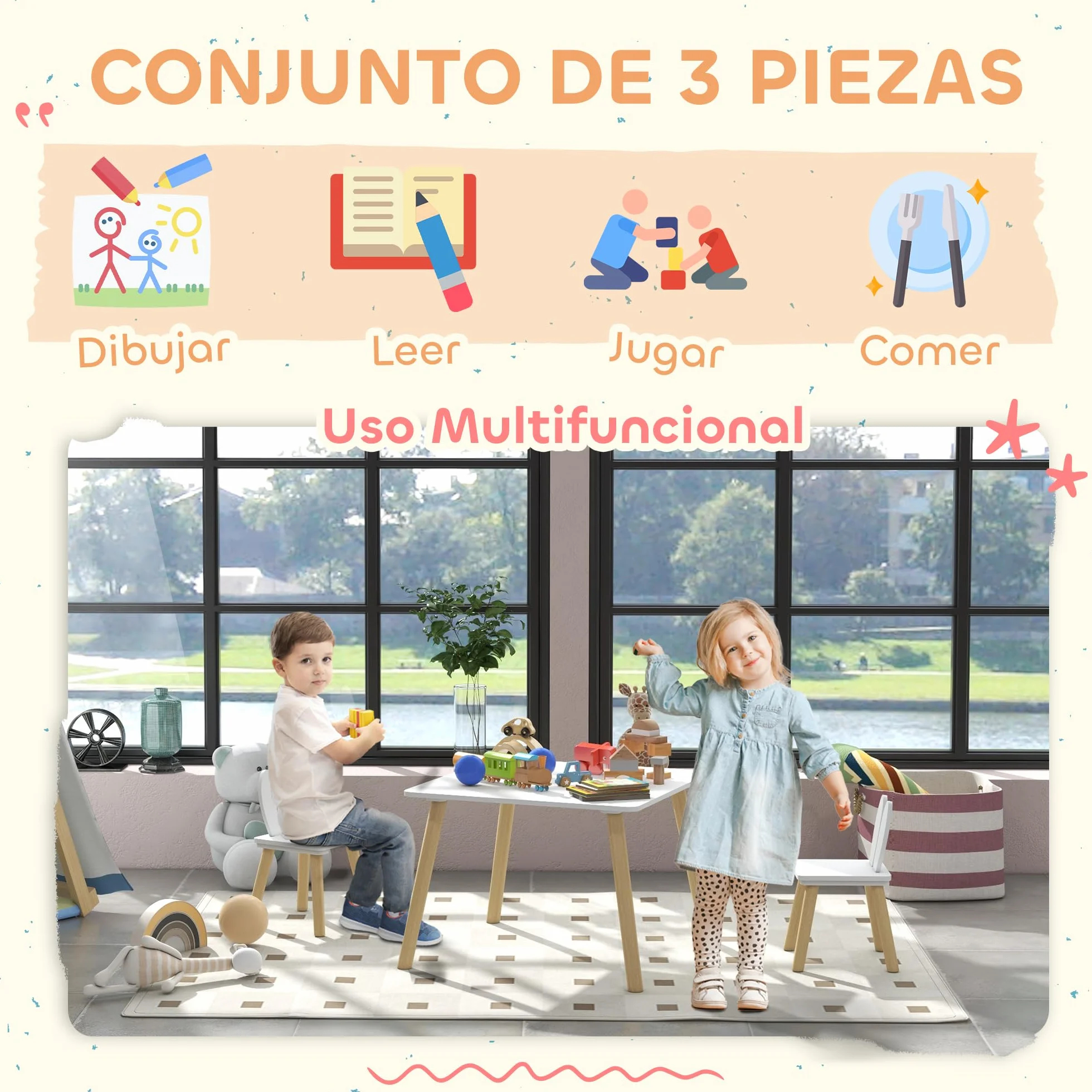 AIYAPLAY Juego de Mesa y 2 Sillas Infantiles con Orejas de Conejo Blanco