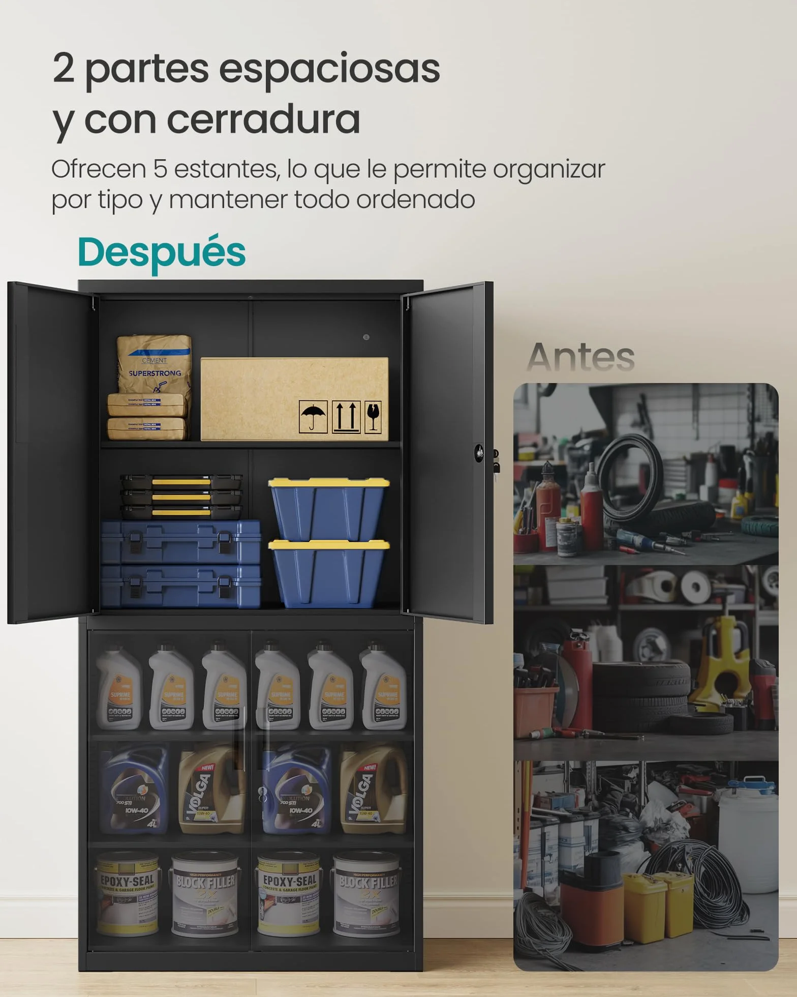 SONGMICS Armario de Garaje 5 Estantes 4 Puertas, Armario de Oficina, 40 x 80 x 180 cm, 2 Cerraduras, Estantes Ajustables, Gabinete de Metal, Negro Mate
