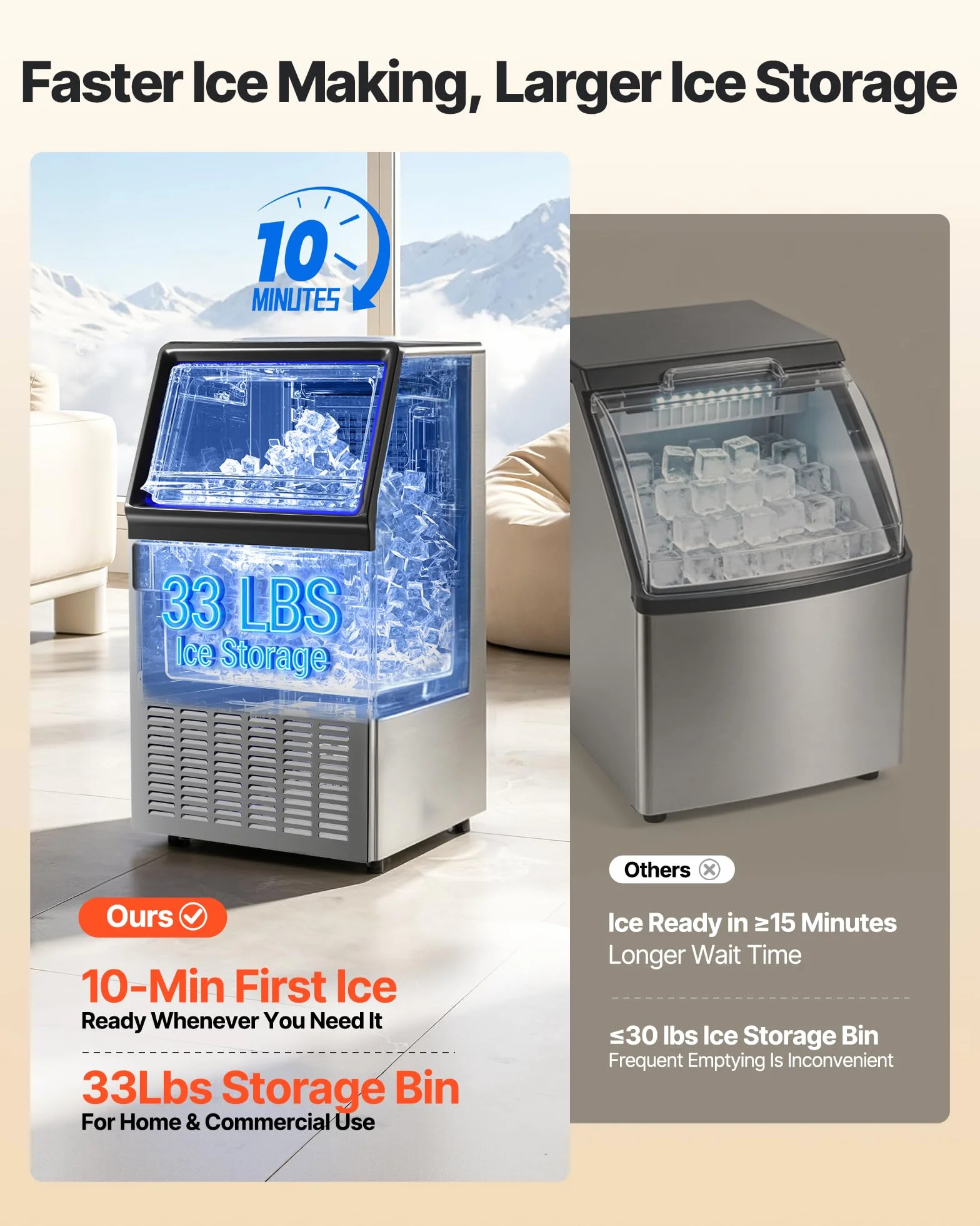 VEVOR Máquina para Fabricar Hielo 54,4 kg/24 h 15 kg Acero Inoxidable Encimera Pantalla LED