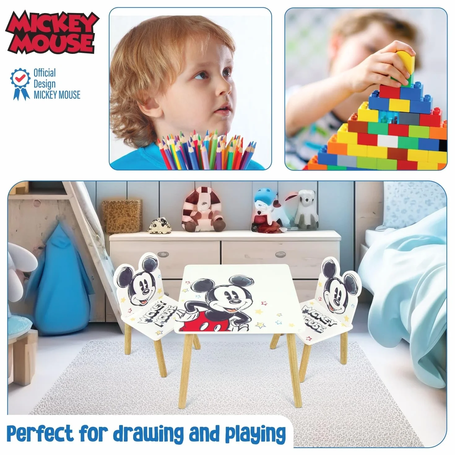 ARDITEX Set de Mesa y 2 Sillas Infantiles de Madera Mickey Mouse 50x50x44 cm