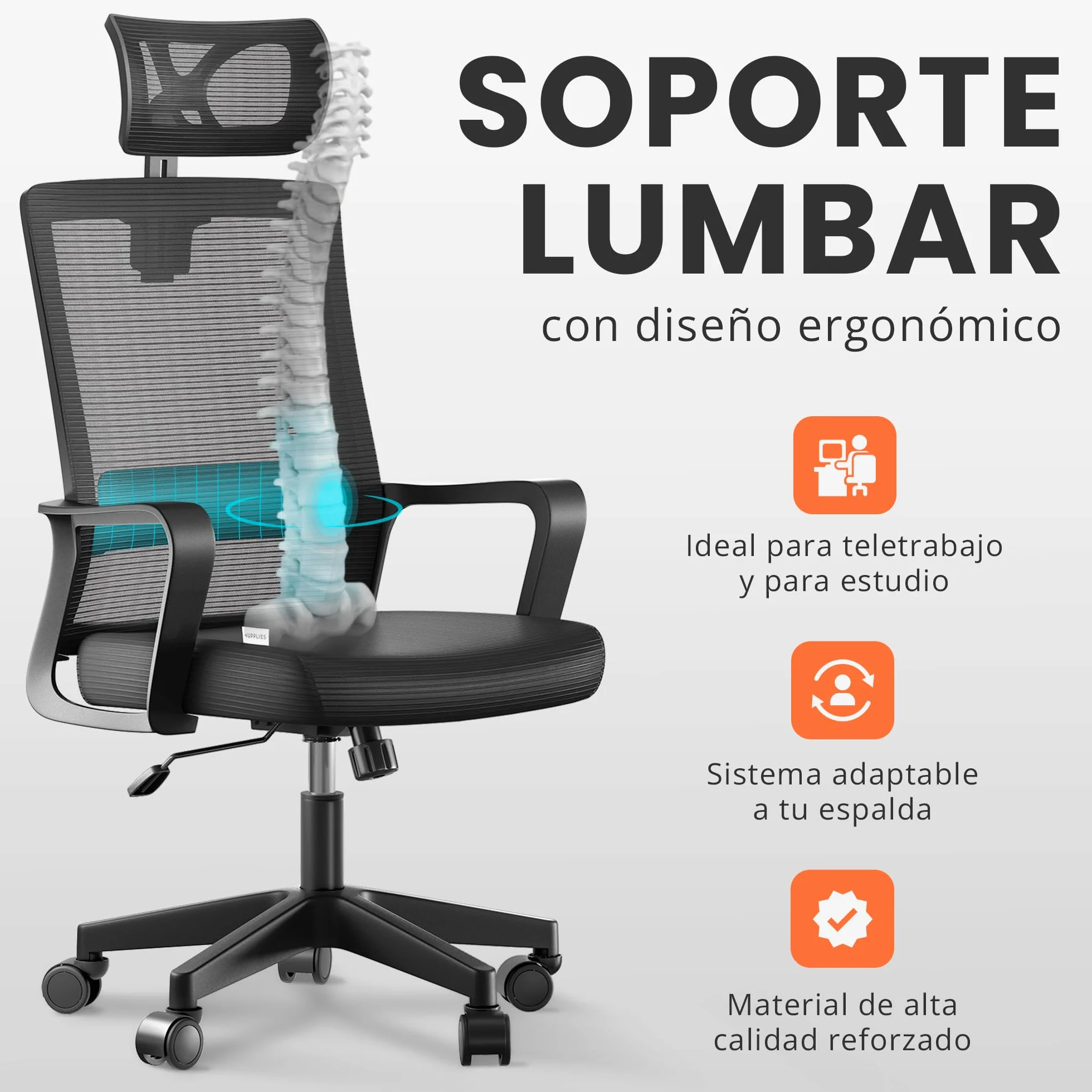 Silla Escritorio Ergonomica Ajustable Reclinable con Soporte Lumbar, Malla Transpirable, 120kg (Negro)