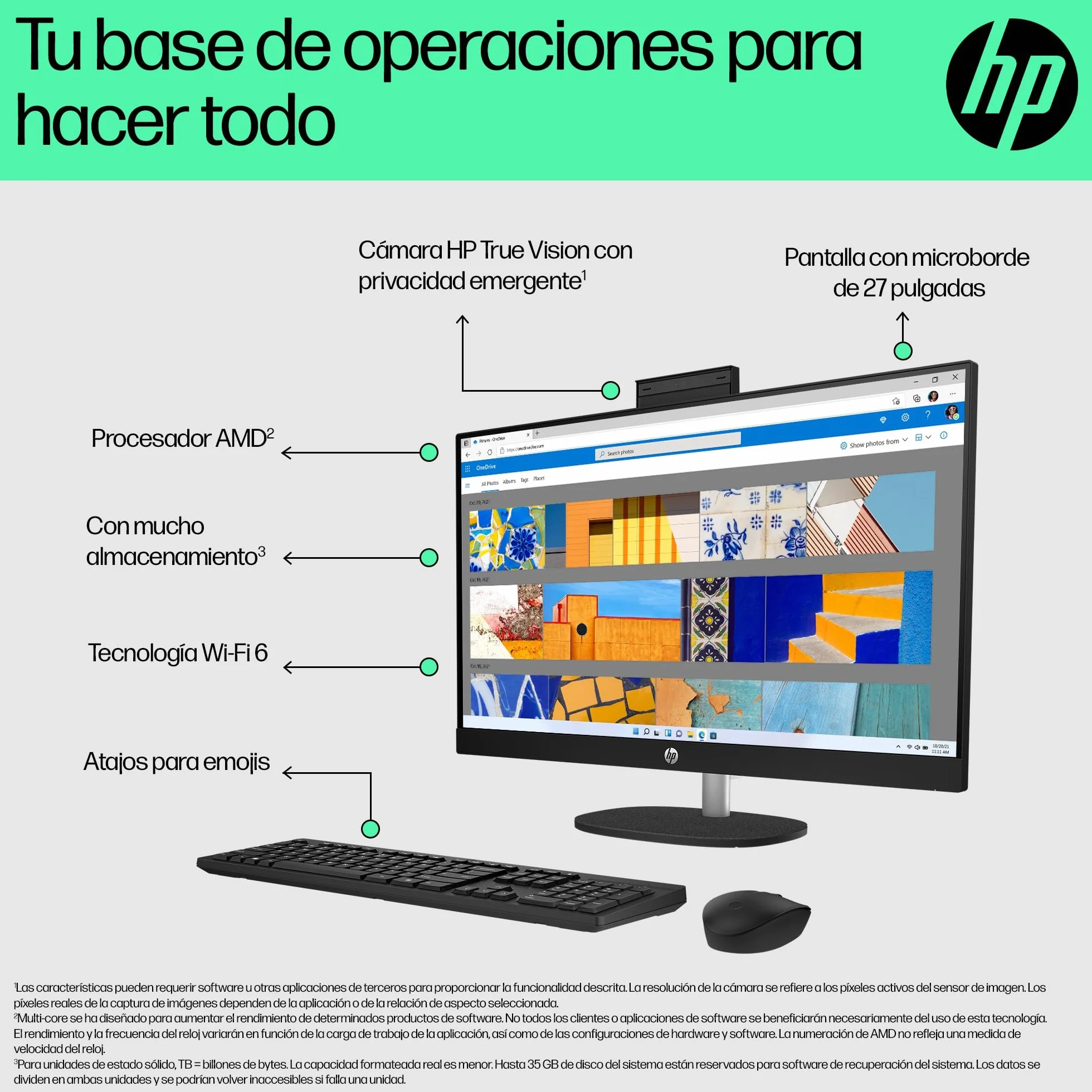 HP All-in-One 27-cr0062ns, PC Todo en Uno 27” FHD, AMD Ryzen 7 7730U, 16GB RAM, 512GB SSD, AMD Radeon Graphics, Cámara HD, Wi-Fi, Teclado y Ratón Inalámbricos, Sin Sistema operativo, QWERTY Español