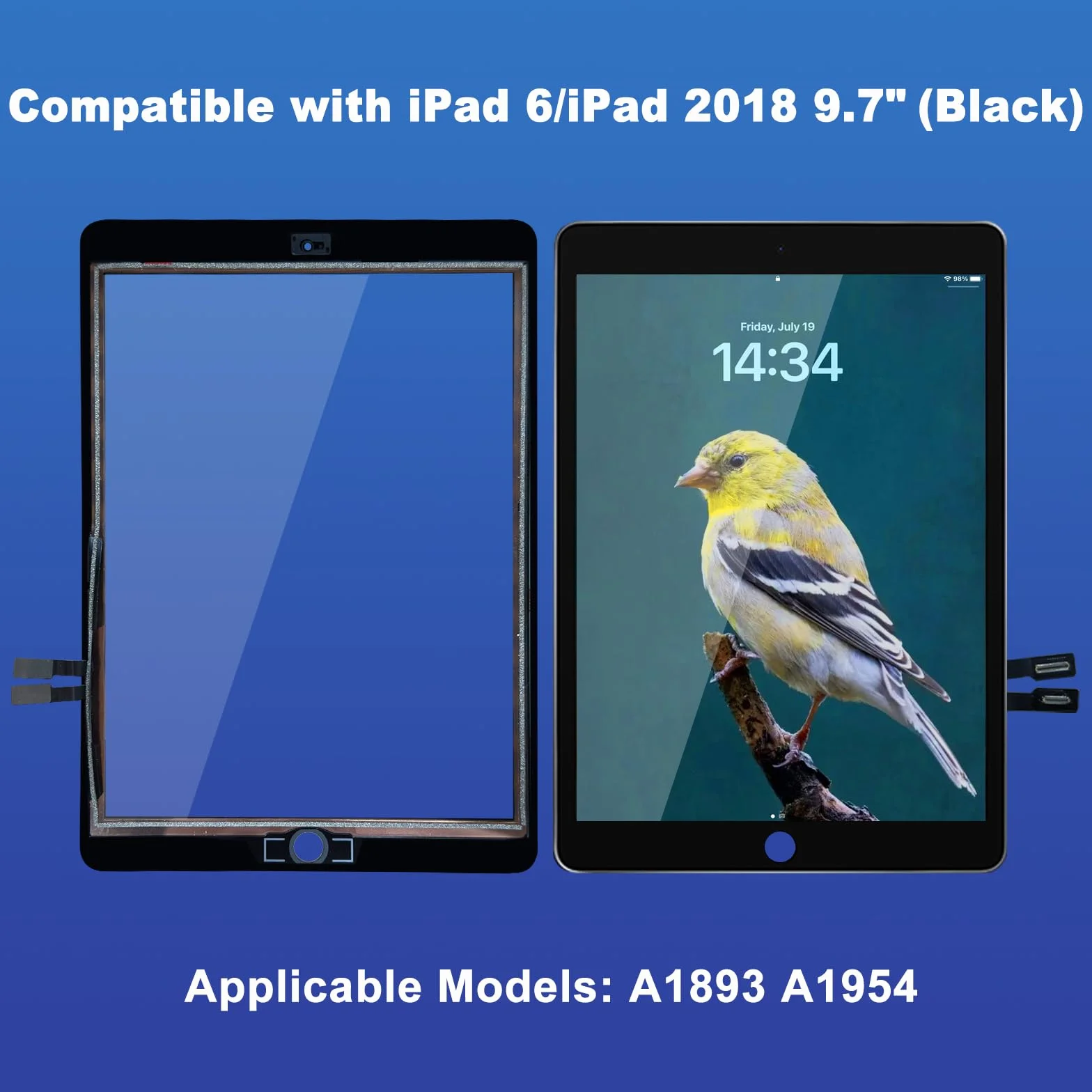 NB+ Reemplazo de pantalla para iPad de 6ª generación de 9.7 pulgadas, digitalizador de pantalla táctil 2018, adhesivo preinstalado (modelo: A1893 A1954), color negro