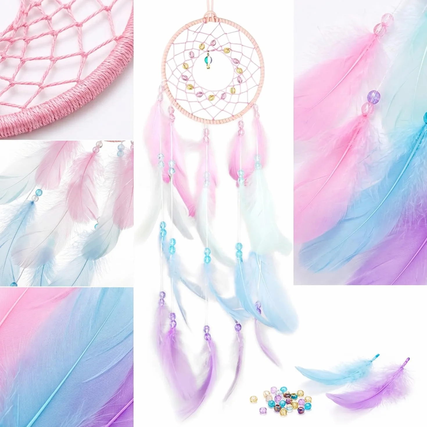 Atrapasueños Grande Hecho a Mano con Plumas y Cuentas de Colores Rosa