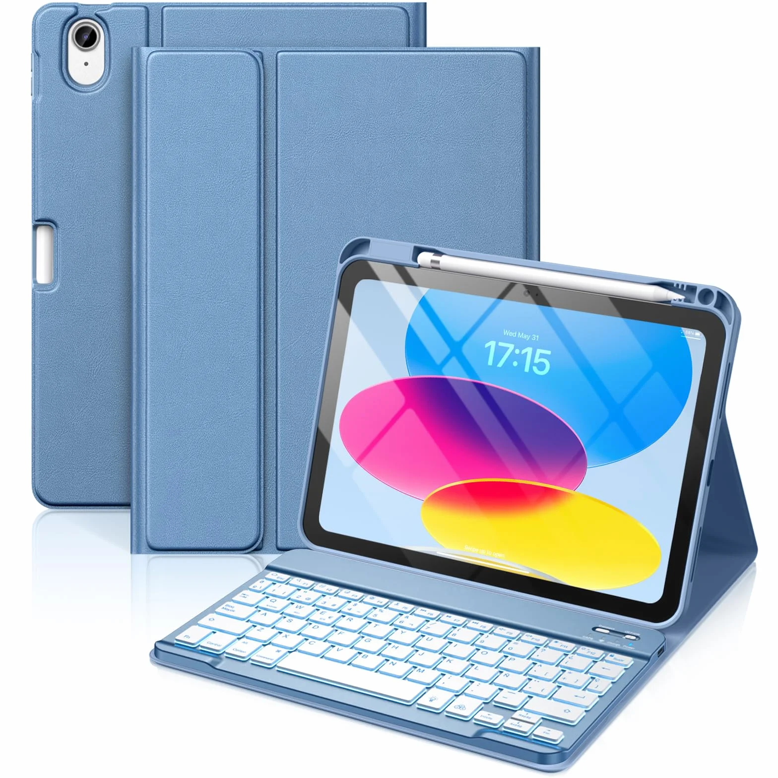Vobafe Teclado for iPad 11 Generación A16 2025/10 Generación 2022 (11/10,9 Pulgada), QWERTY Español Ñ, Retroiluminado de 7 Colores Bluetooth Magnéticamente Teclado para iPad 11/10 Gen, Azul