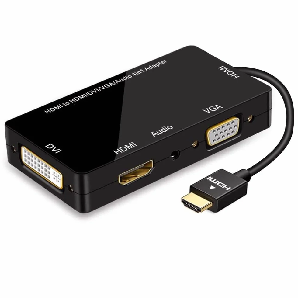 Adaptador HDMI a VGA DVI HDMI con Audio Convertidor de Video 1080P 4 en 1 con Cable Micro USB Adaptador Multipuerto, Negro