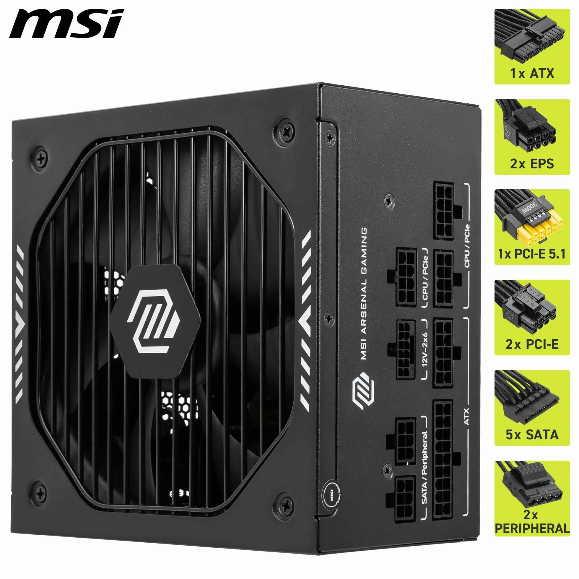 MSI mag A650GLS PCIE5, Fuente de alimentación, 650W, 80 Plus Gold, ATX 3.1, Soporte GPU PCIe 5.1, 12V-2x6 Nativo, Conector 12V-2x6 Bicolor, Fuente de alimentación ATX, Cables con Cubierta en Relieve