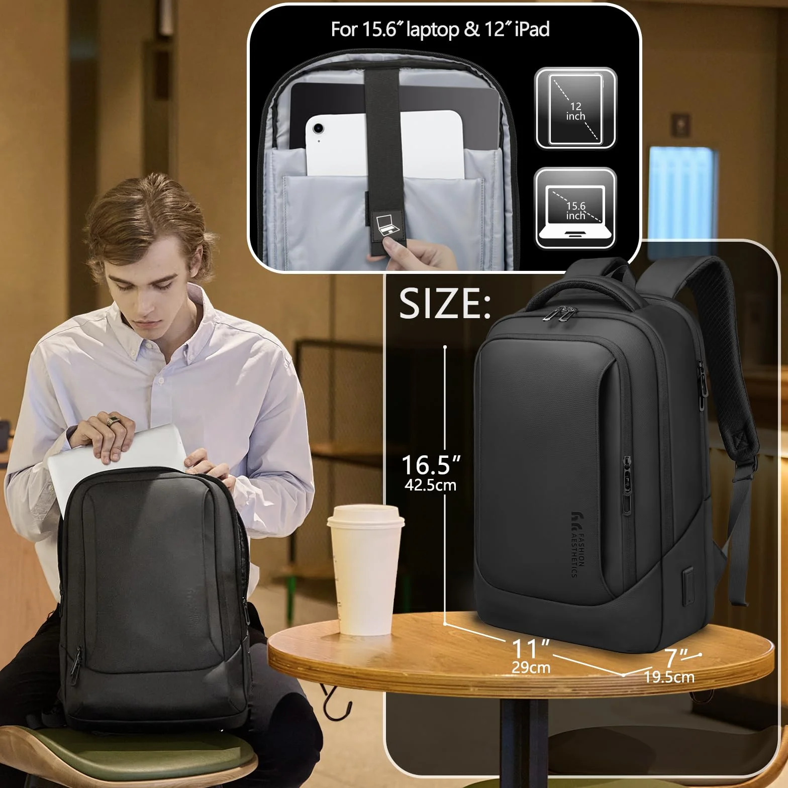 Mochila para Hombre Portátil con Puerto USB-C y USB-A, Gran Capacidad 24-28L, Resistente al Agua, Antirrobo, Ligera y Ergonómica para Trabajo