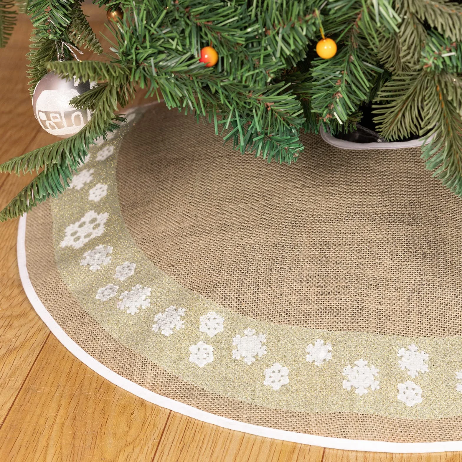 MACTING Mantel para árbol de Navidad 76 cm redondo lino brillo dorado copos de nieve decoración navideña