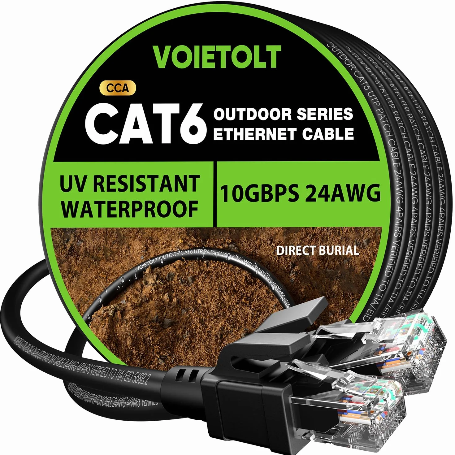 Cable Ethernet Cat 6 Exterior 25metros, Cubierta Impermeable para Entierro Directo LLDPE con Protección UV - 24AWG Cable LAN Gigabit Alta Velocidad 10Gbps - CCA, UTP con 20 Ataduras