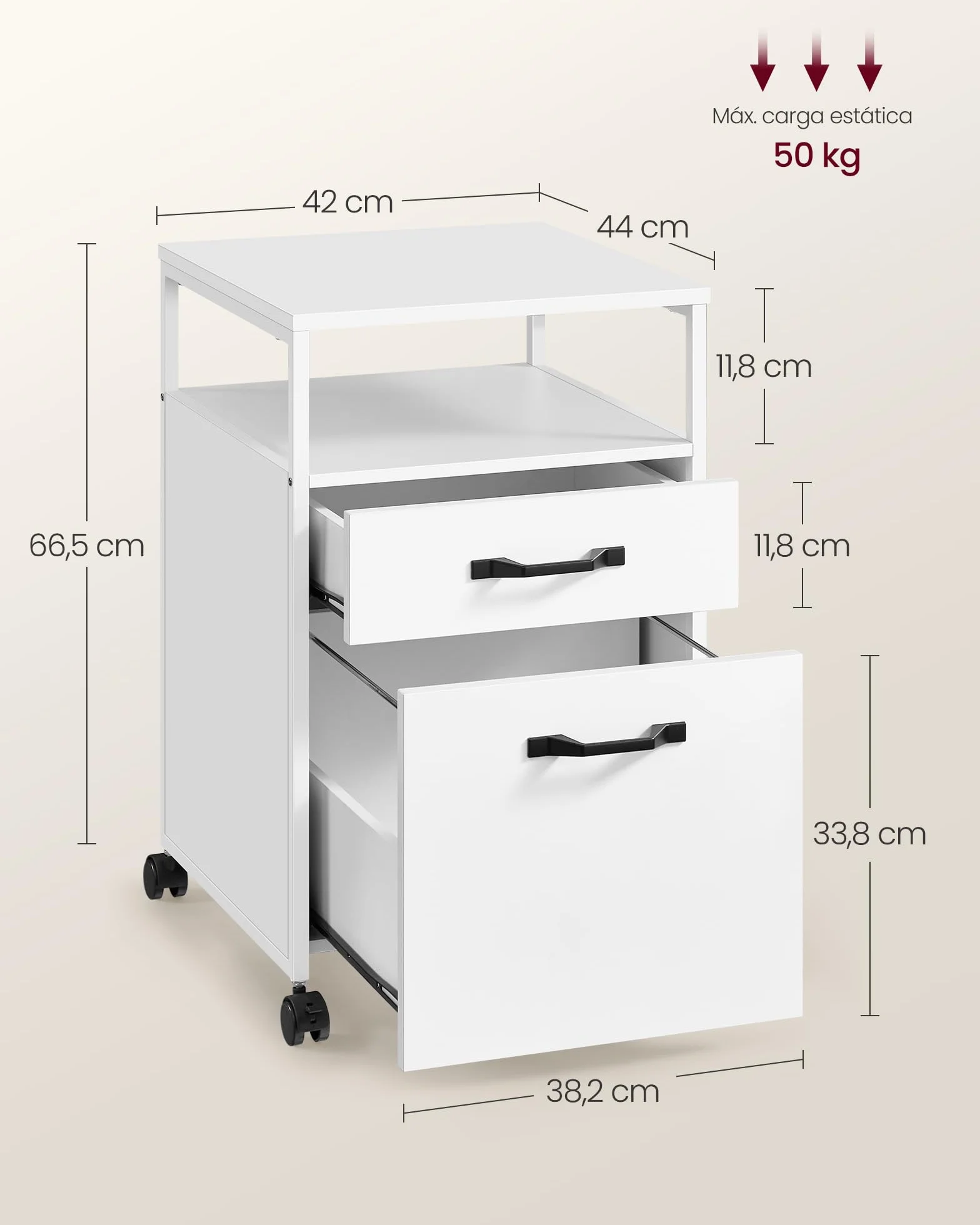 VASAGLE Archivador Móvil 2 Cajones con Ruedas, Acero, Blanco Nube OFC071W14