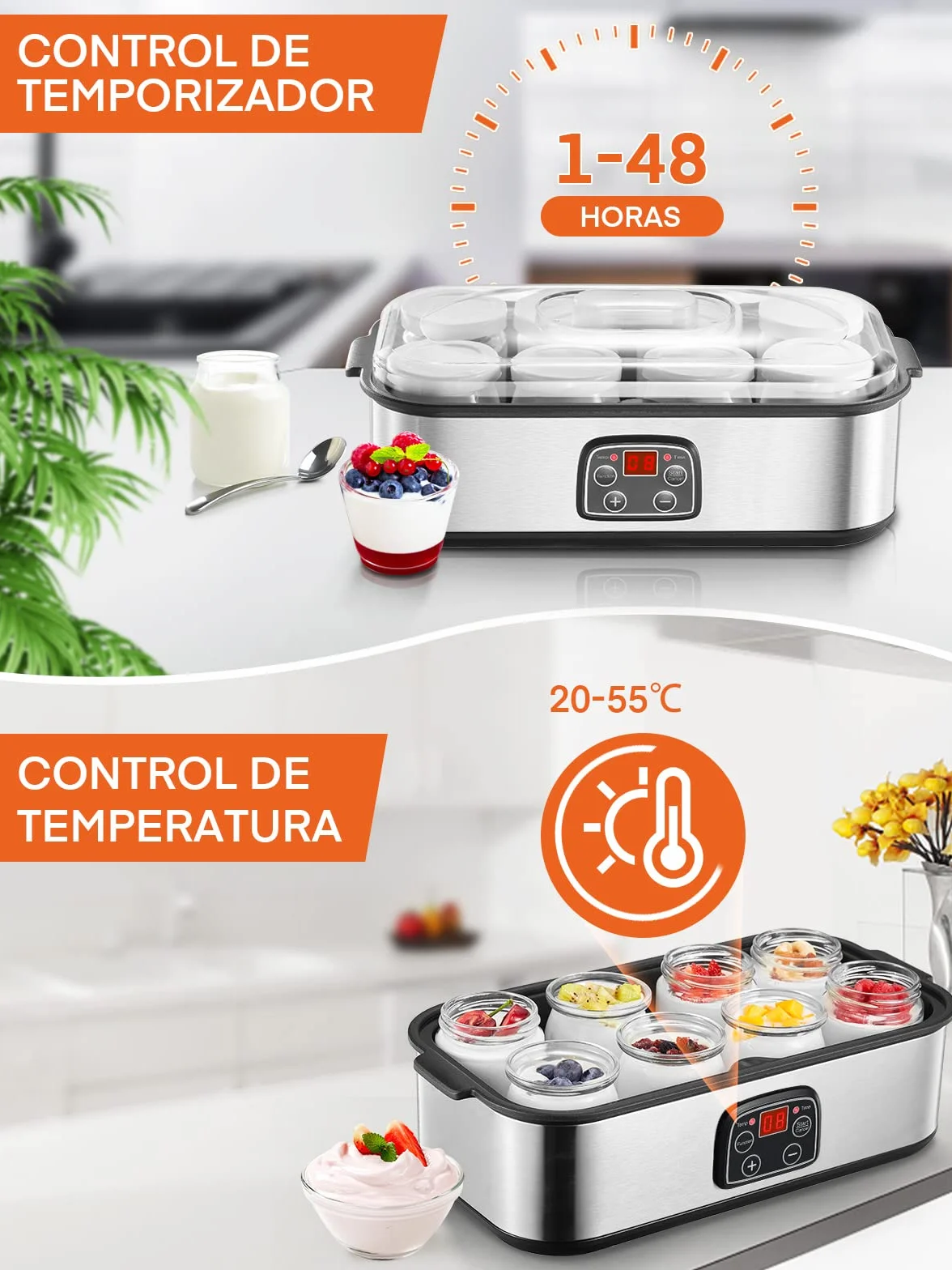 Yogurtera eléctrica con 8 vasos y tapas, Máquina de yogur griega, LCD pantalla ajustable, sin BPA