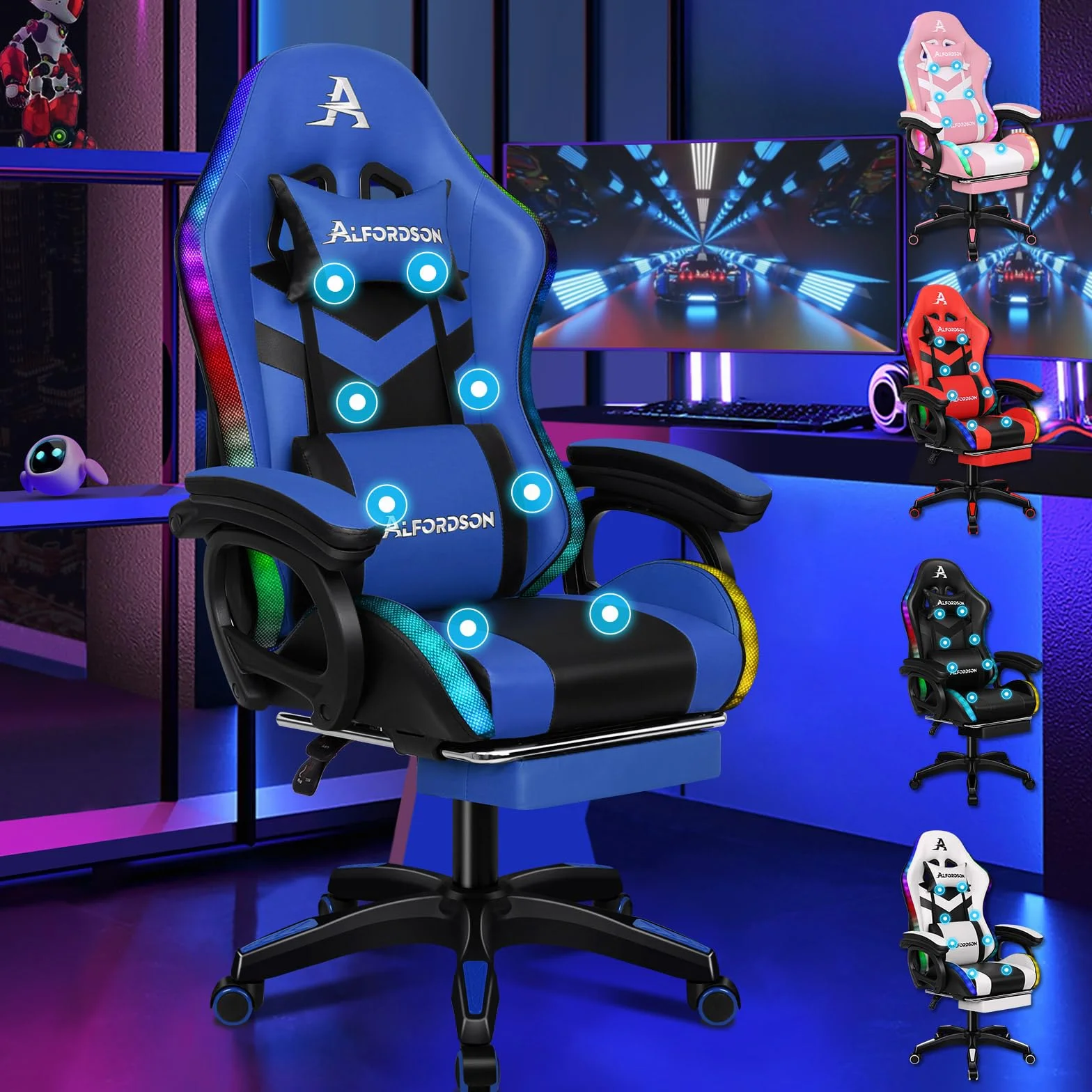 ALFORDSON Silla Gaming Ergonómica con Masaje LED y Reposapiés Telescópico, Cuero PU Azul