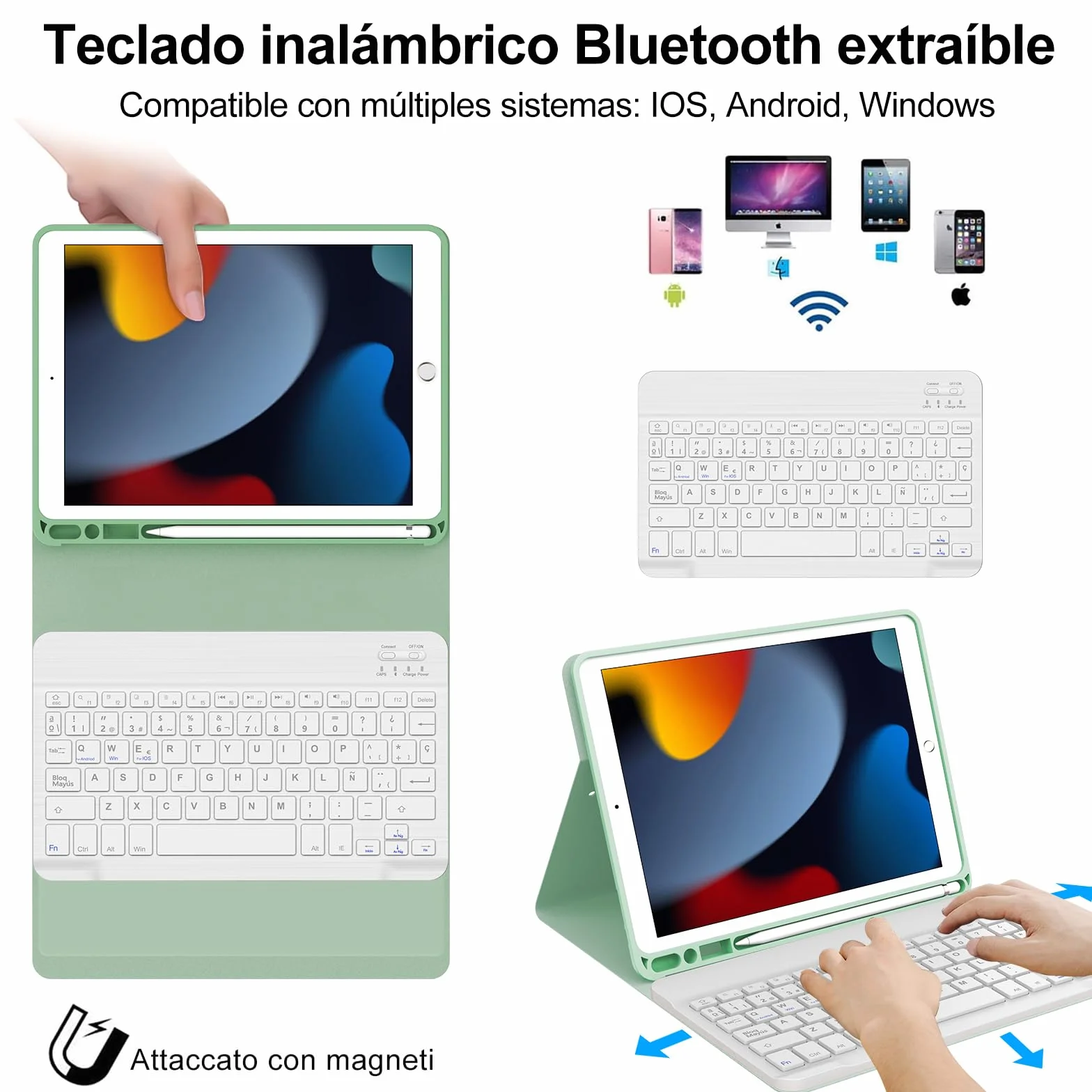 Funda Teclado para iPad 9/8/7 Generacion 10.2"/Air 3/iPad Pro 10.5 10.5" | Capa Keyboard Bluetooth Magnético, QWERTY Español Ñ, Case Desmontable con portalápices para iPad 2021/2020/2019, Verde claro