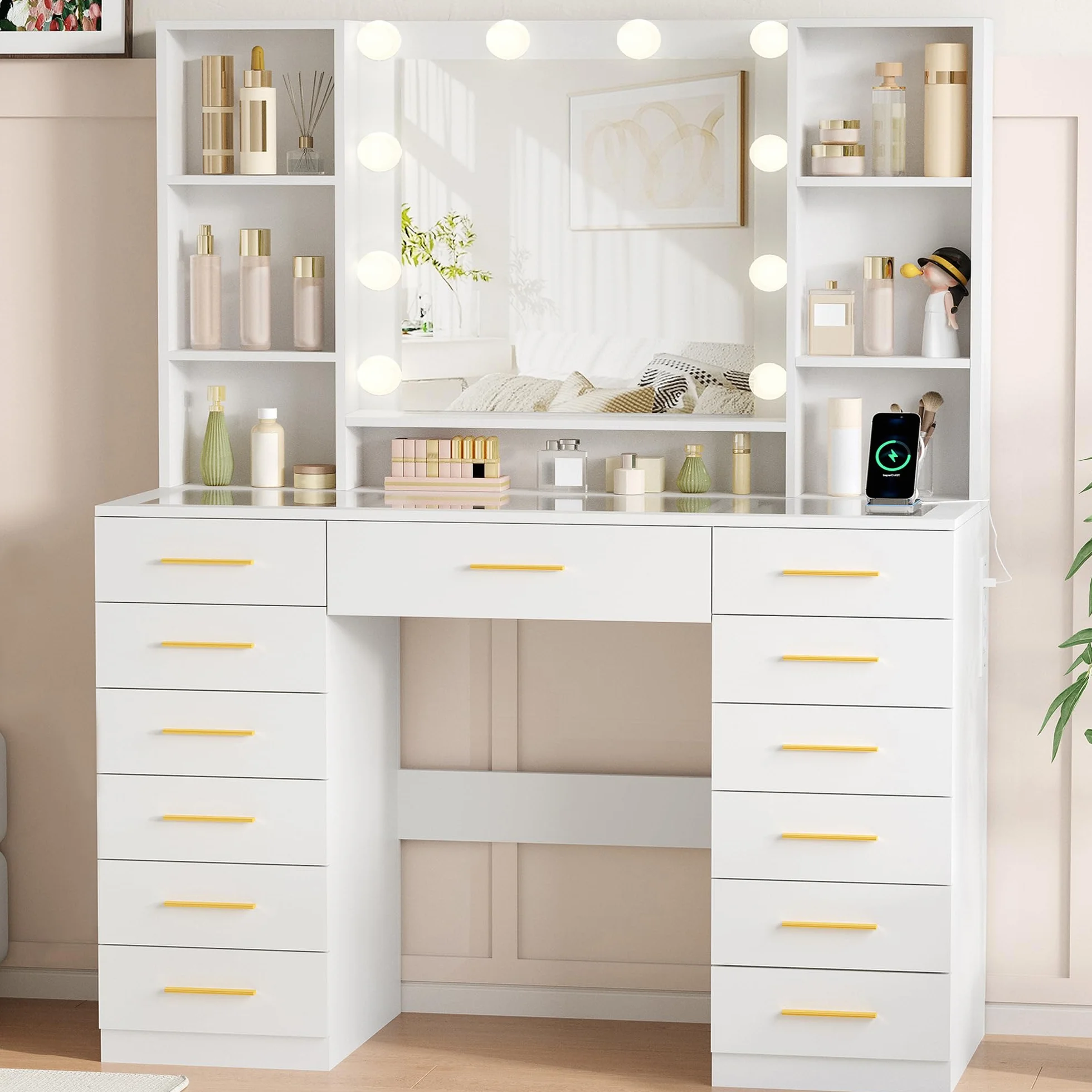 BEWISHOME Tocador de Maquillaje con Luces LED Regulables Mesa con Espejo 13 Cajones Blanco EFST61W
