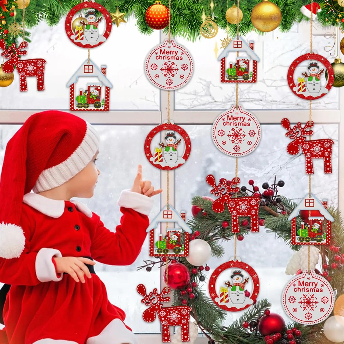 QINERSAW 24 Piezas Adornos de Madera para Árbol de Navidad con Cordel