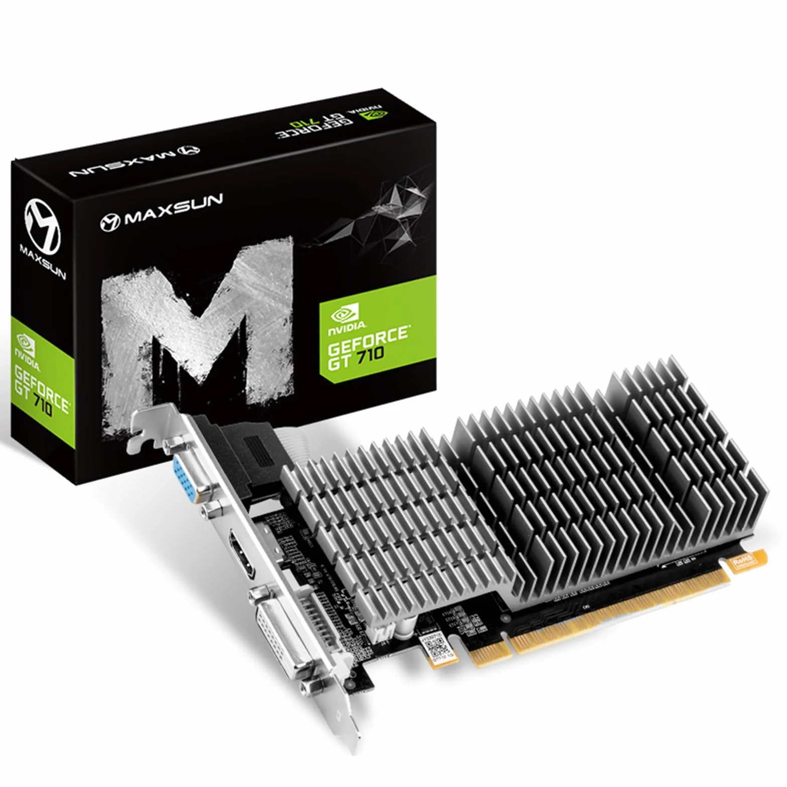maxsun NVIDIA GeForce GT 710 Tarjeta Grafica 2gb - Tarjeta gráfica GPU (Pasivo, bajo Perfil, bajo Consumo, VGA, DVI-D, HDMI, GDDR3, HTPC, Sistema de refrigeración pasiva silenciosa sin Ventilador)