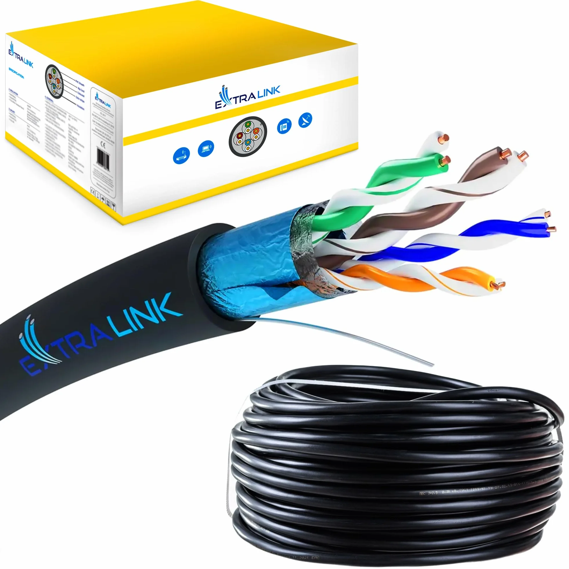 EXTRALINK Cable Ethernet 100M CAT5e para exteriores, Cable Red LAN– 100% cobre, F/UTP apantallado, compatible con PoE, UV resistente, con funda exterior de PE duradera y resistente a la intemperie