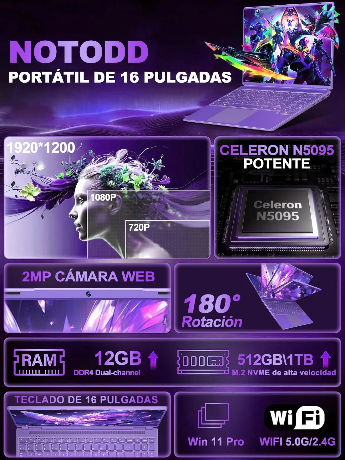 Ordenador Portátil 16 Pulgadas Celeron N5095 Up to 2.9Ghz, Portátil Win 11 con 5G WiFi 12+512GB SSD Expansión 1TB, BT 4.2 Mini Puerto Multimedia Portatiles Ventilador Refrigeración 1920*1200-Morado