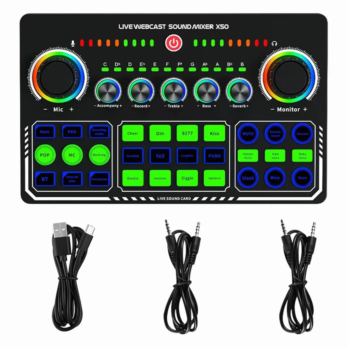 X50 - Tarjeta de sonido en vivo con 12 efectos de calentamiento, silencio con un solo toque, mezclador de DJ para transmisión en vivo y grabación de PC