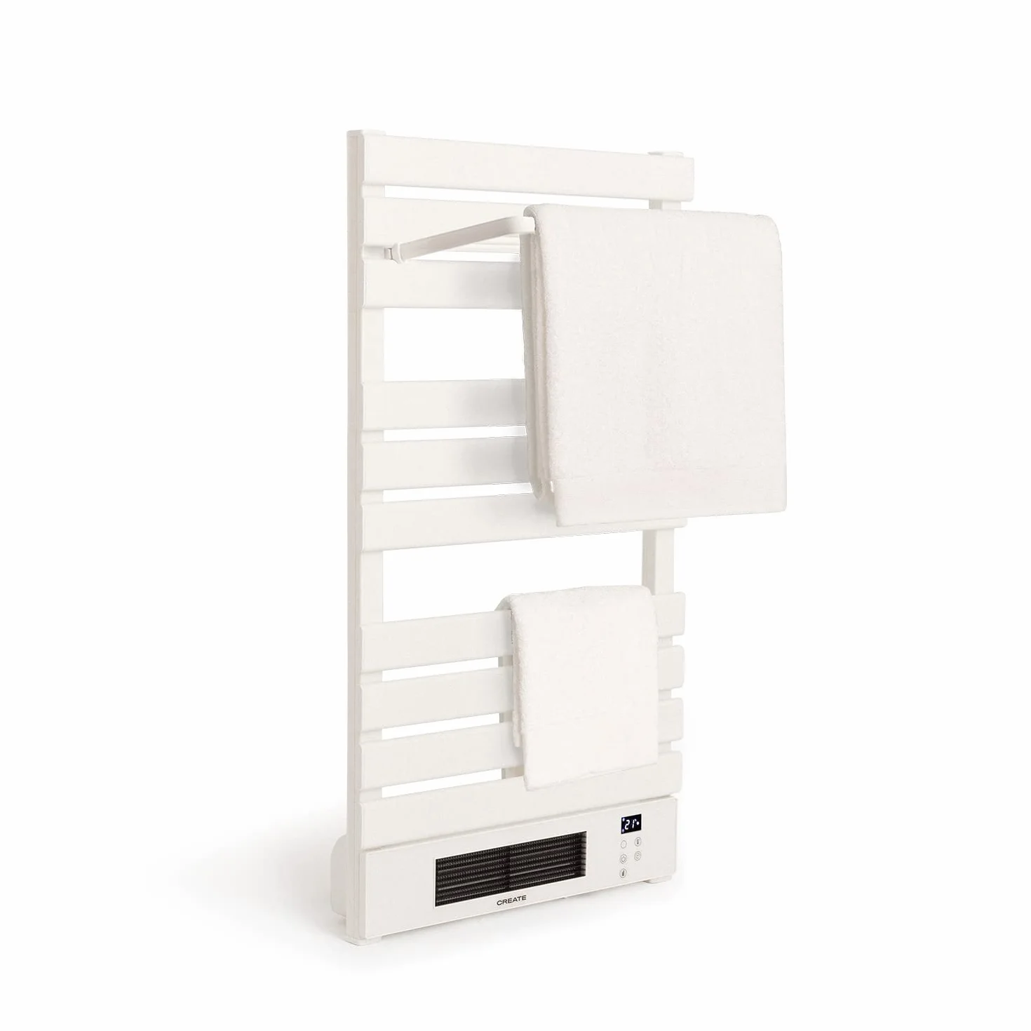 CREATE / WARMTOWEL Pro + Estante/Toallero Eléctrico con Calefactor cerámico con Estante 3 Barras y Gancho Blanco /101x13x55cm / 1500W, 2 potencias