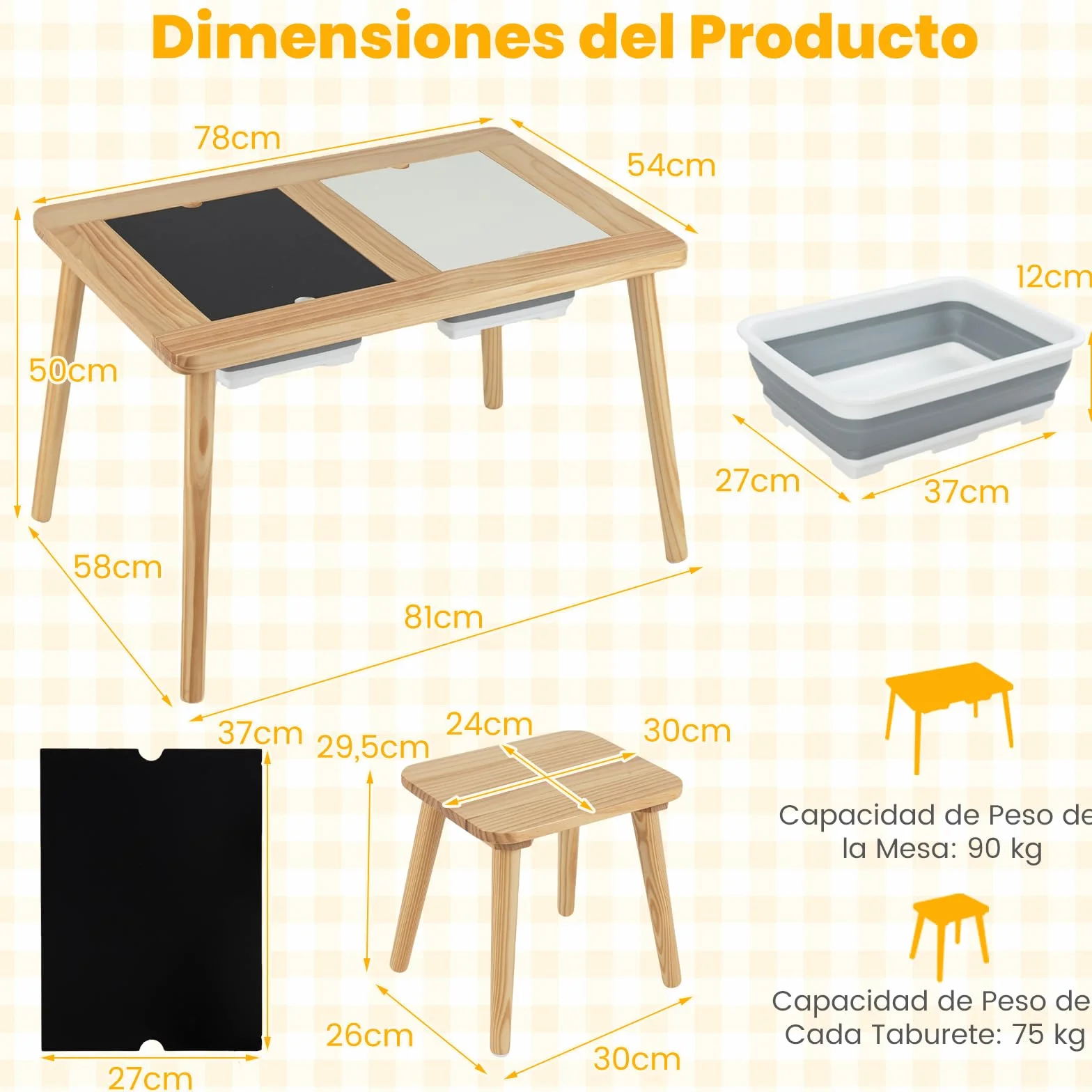 COSTWAY Mesa Sensorial Montessori con 2 Taburetes, Sillas Niños Superficies Doble Faz Desmontables, Cubetas Almacenamiento, Patas Madera Pino