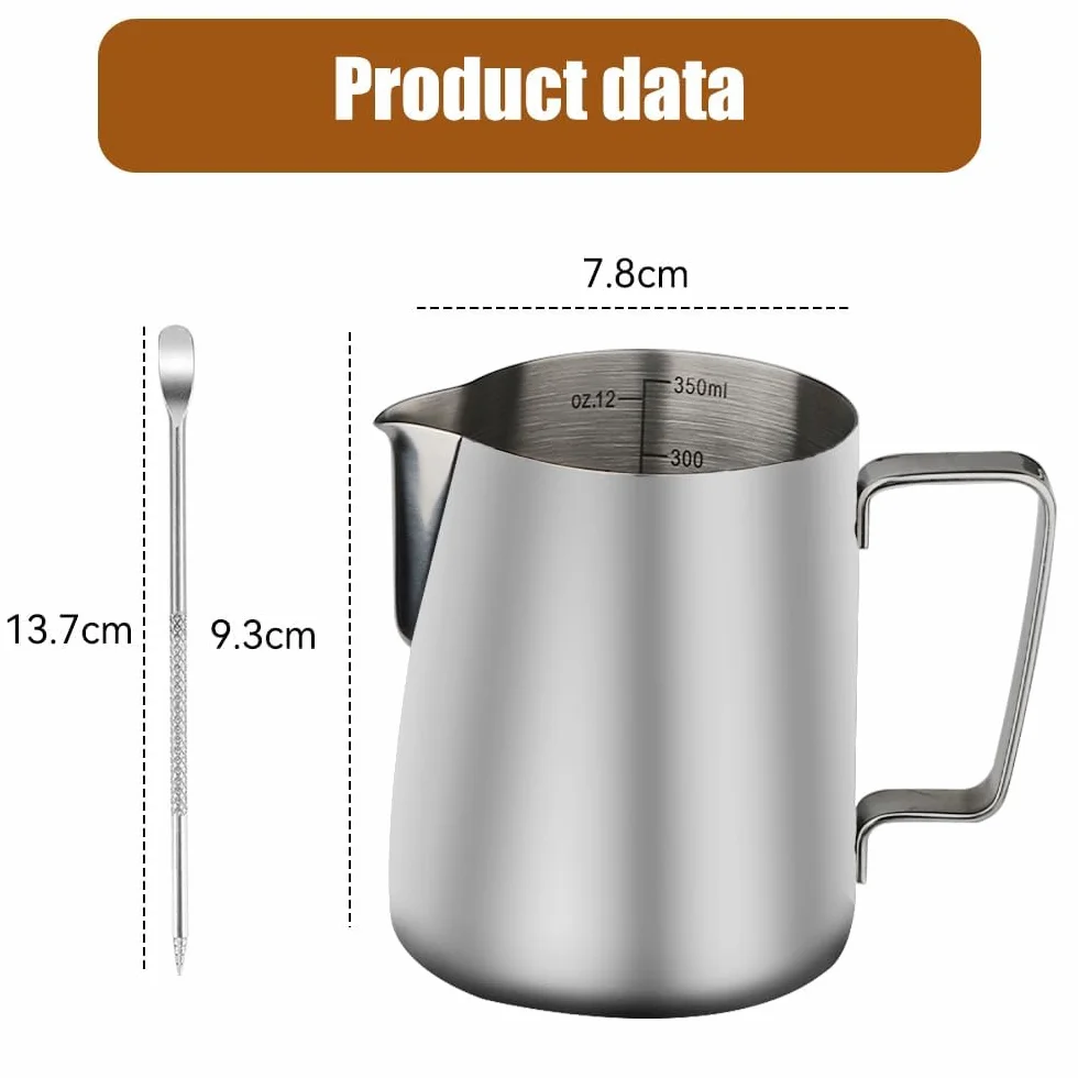 Jarra de leche barista acero inoxidable 304 espumadora con marcas de medición 350 ml para capuchino y espresso