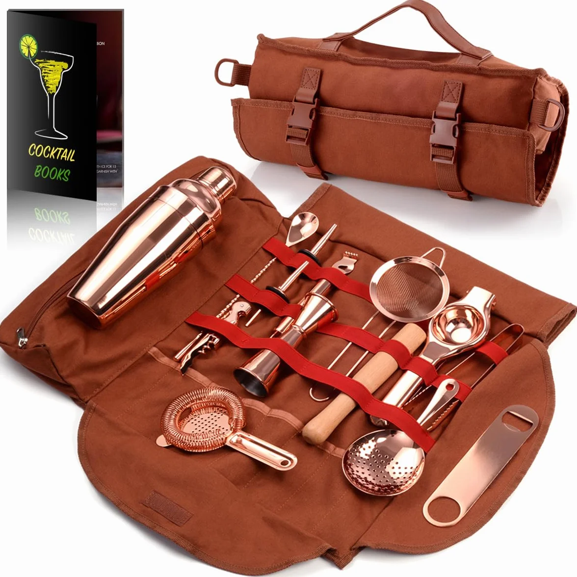 Kit Barman Profesional, Cocktail Making Kit de 17 Piezas para Regalo, Conjunto de Bar Portátil, Bolsa de Cocktail Shaker Kit con Correa para Bar en Casa, Fiestas, Viajes de Campamento